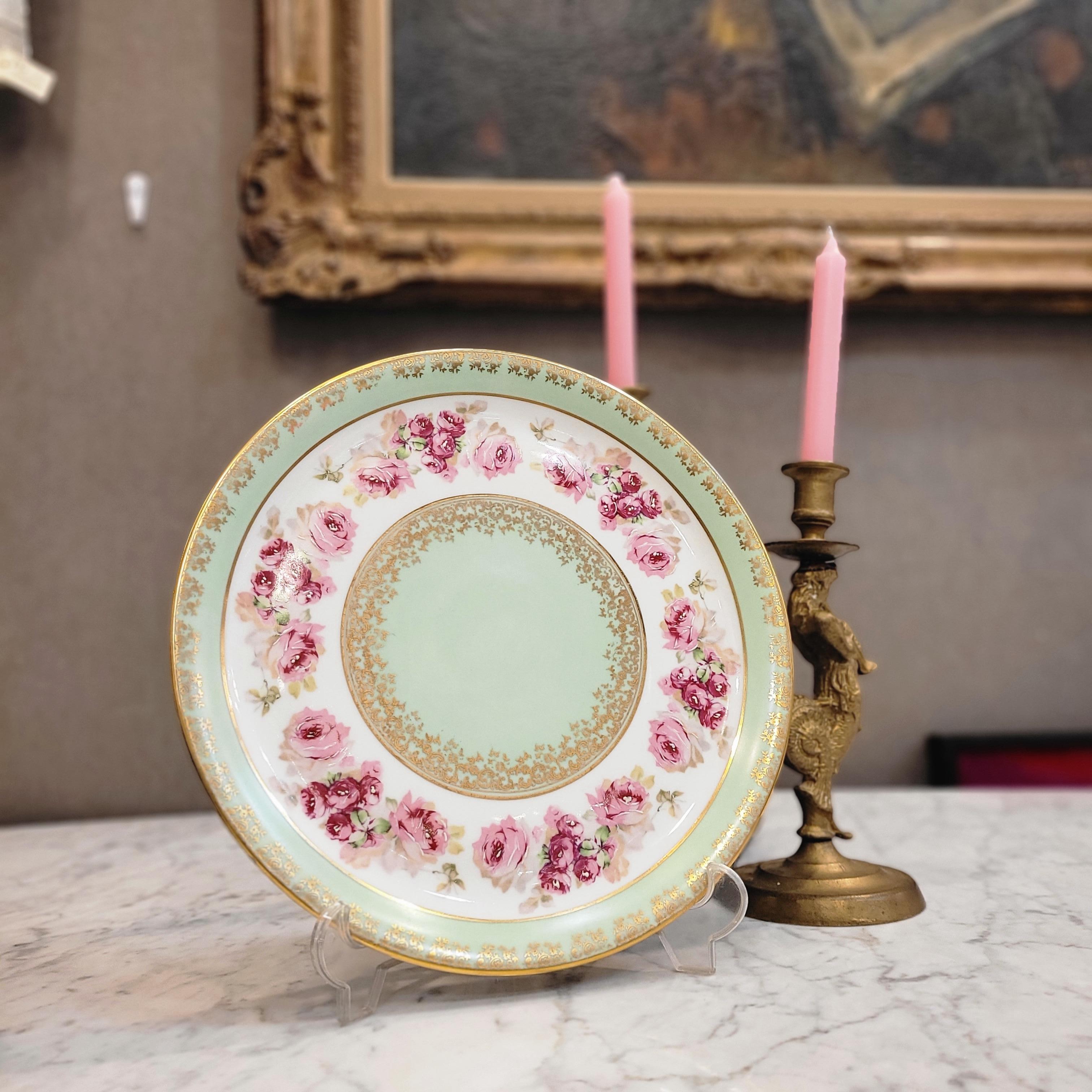 French Limoges porcelain  Cake plate, mint green and pink handpainted For Sale 7