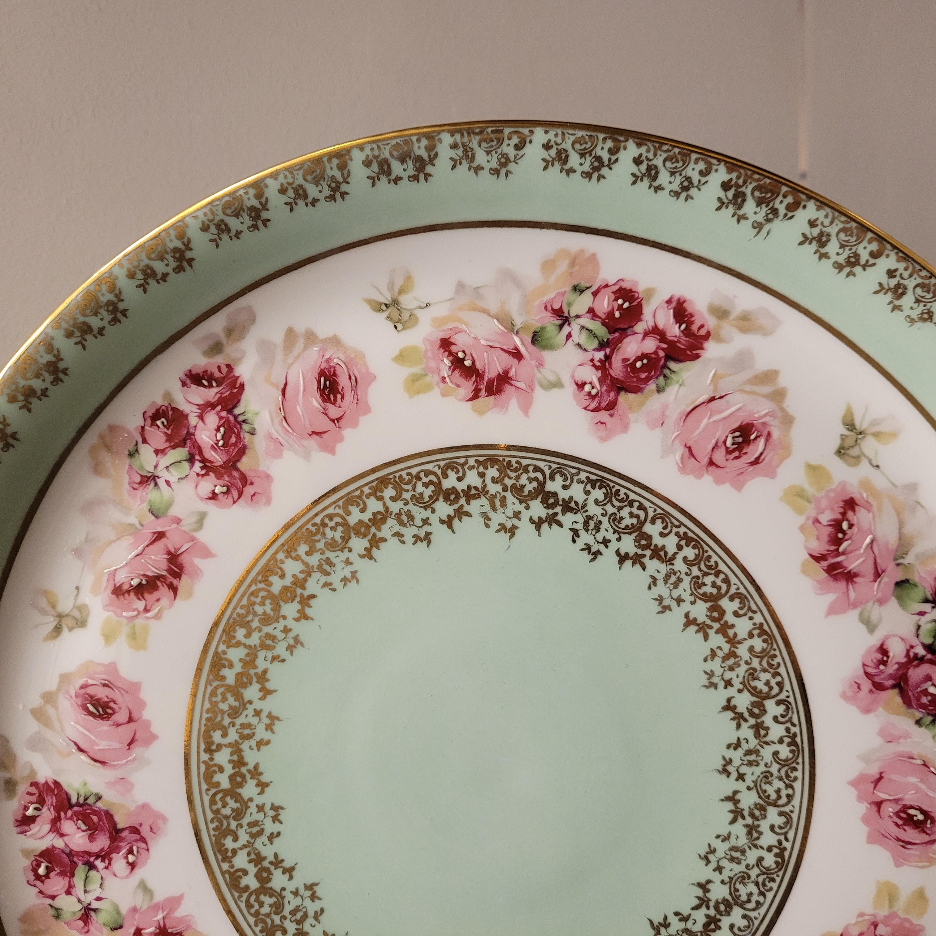 French Limoges porcelain  Cake plate, mint green and pink handpainted For Sale 11