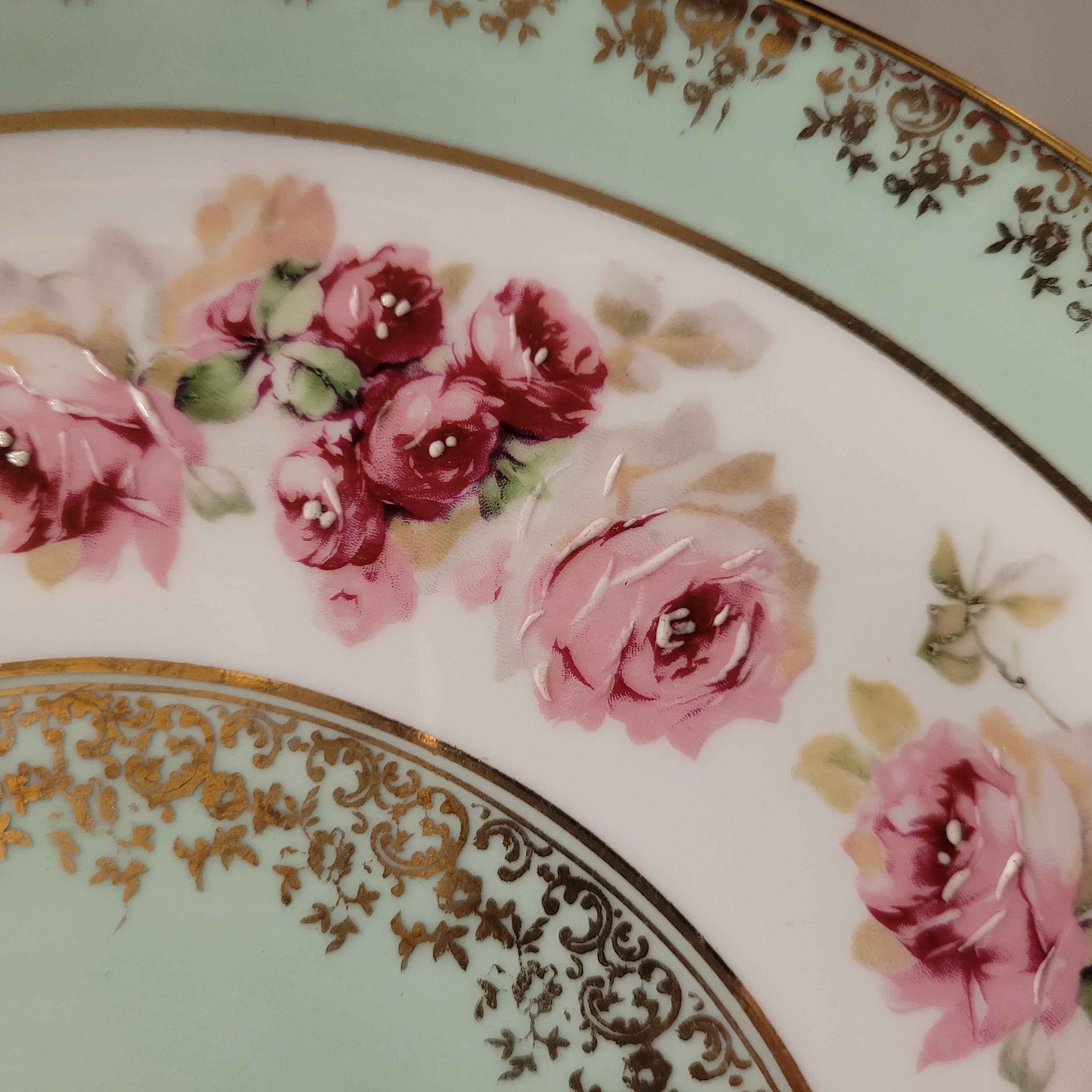 French Limoges porcelain  Cake plate, mint green and pink handpainted For Sale 13
