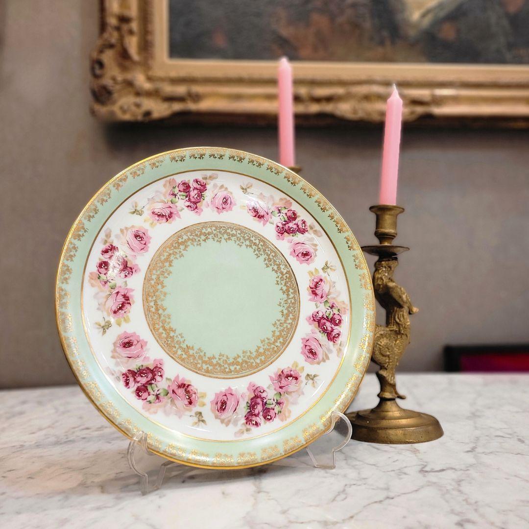 French Limoges porcelain  Cake plate, mint green and pink handpainted For Sale 15
