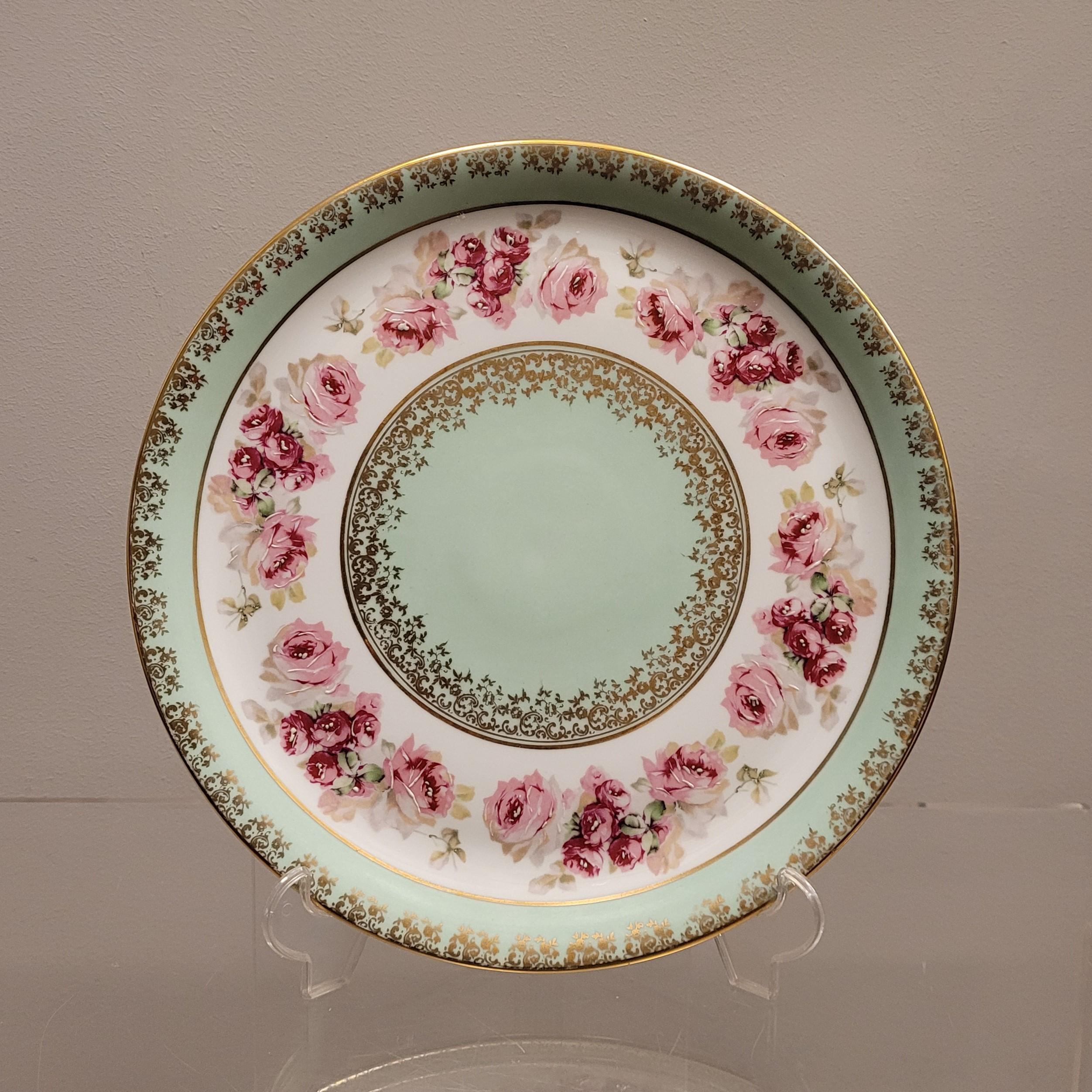 Brown French Limoges porcelain  Cake plate, mint green and pink handpainted For Sale