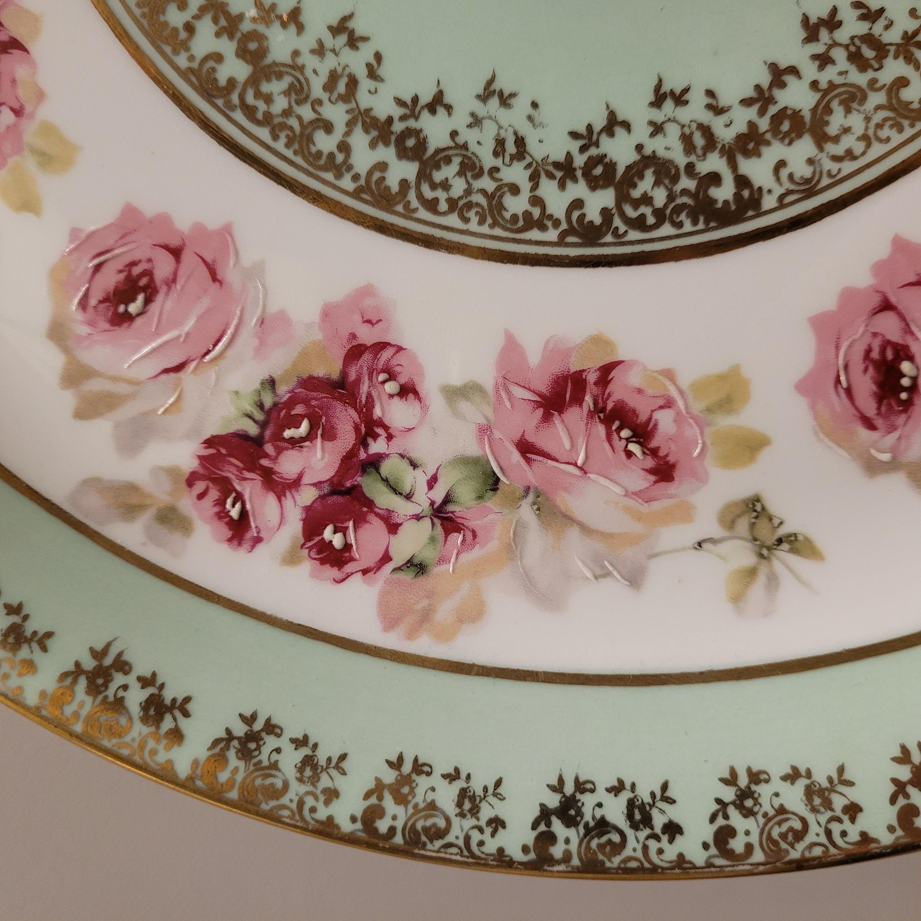 French Limoges porcelain  Cake plate, mint green and pink handpainted For Sale 2