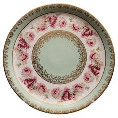 Antique French Limoges porcelain plate, mint green and pink handpainted