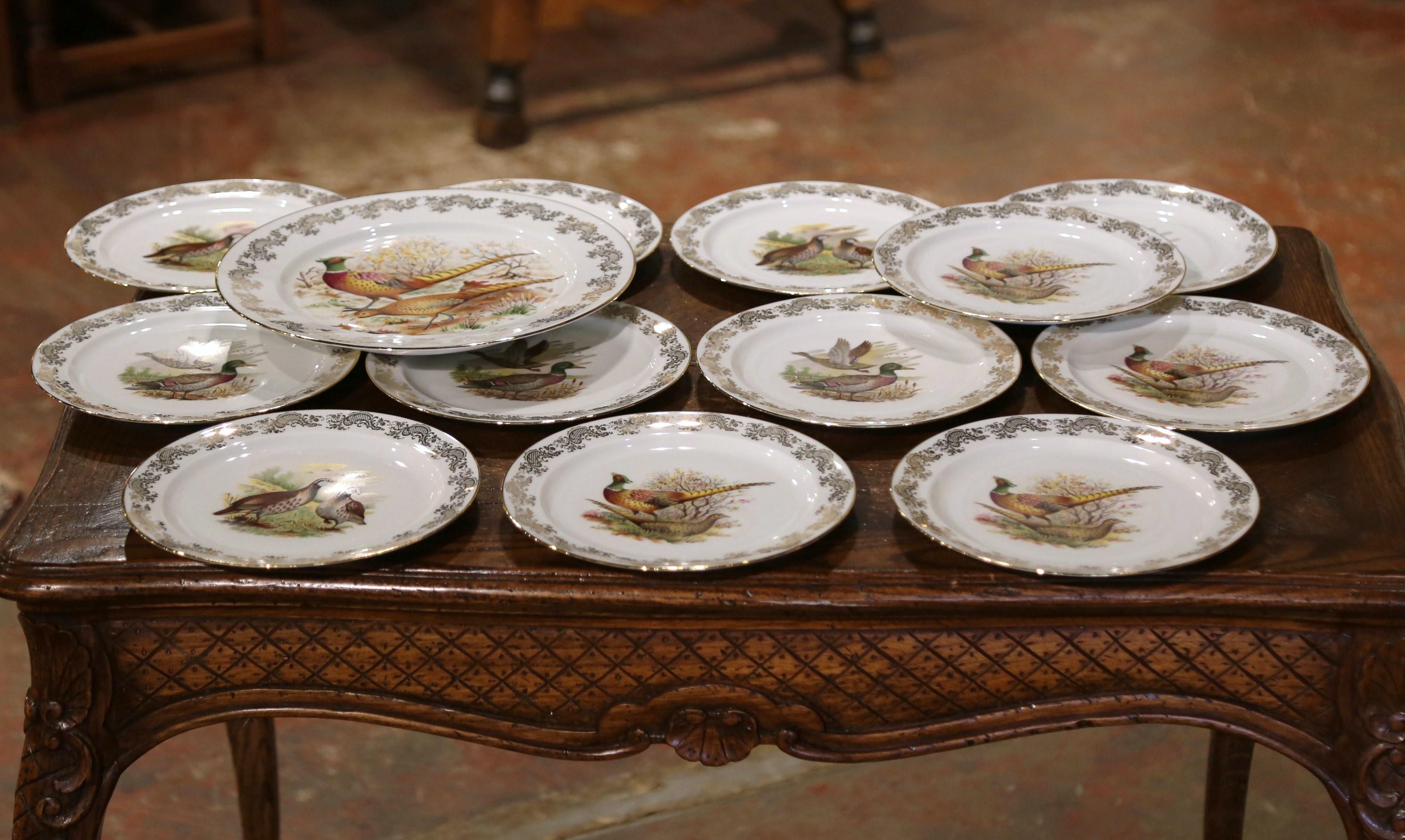 Gilt  French Limoges Porcelain Service with Bird Motifs Signed Benoit - Set of 13