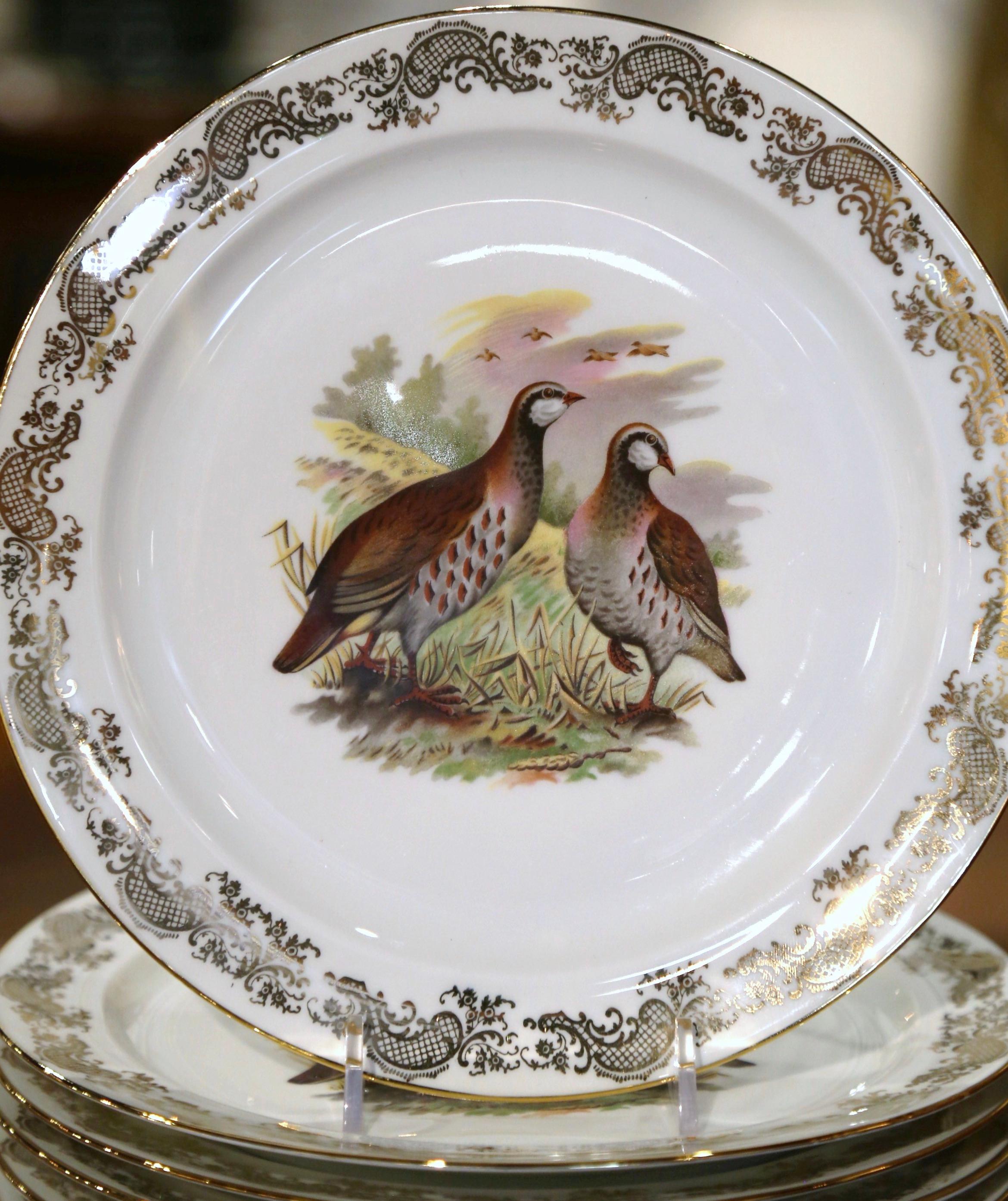  French Limoges Porcelain Service with Bird Motifs Signed Benoit - Set of 13 In Excellent Condition In Dallas, TX