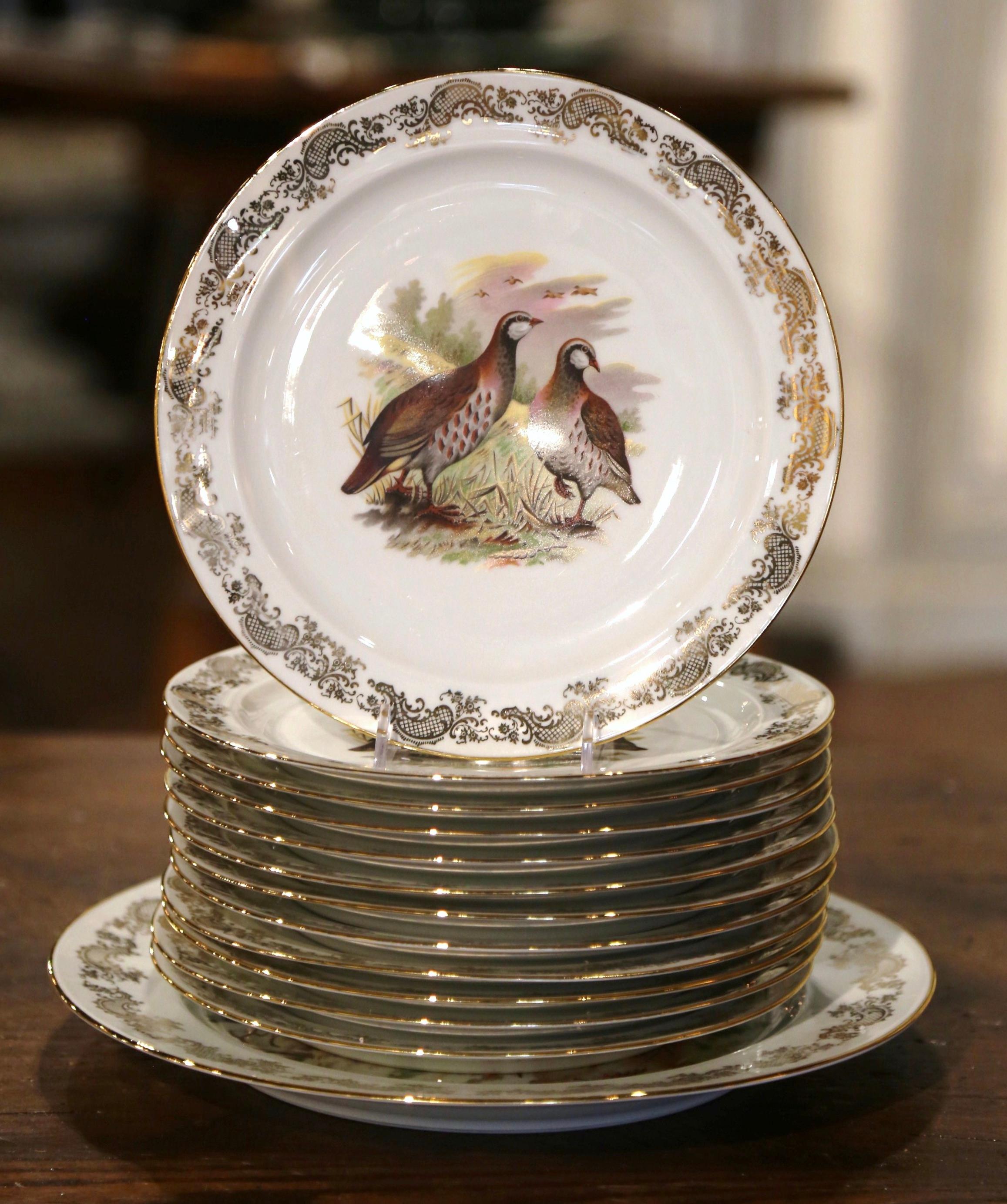 20th Century  French Limoges Porcelain Service with Bird Motifs Signed Benoit - Set of 13