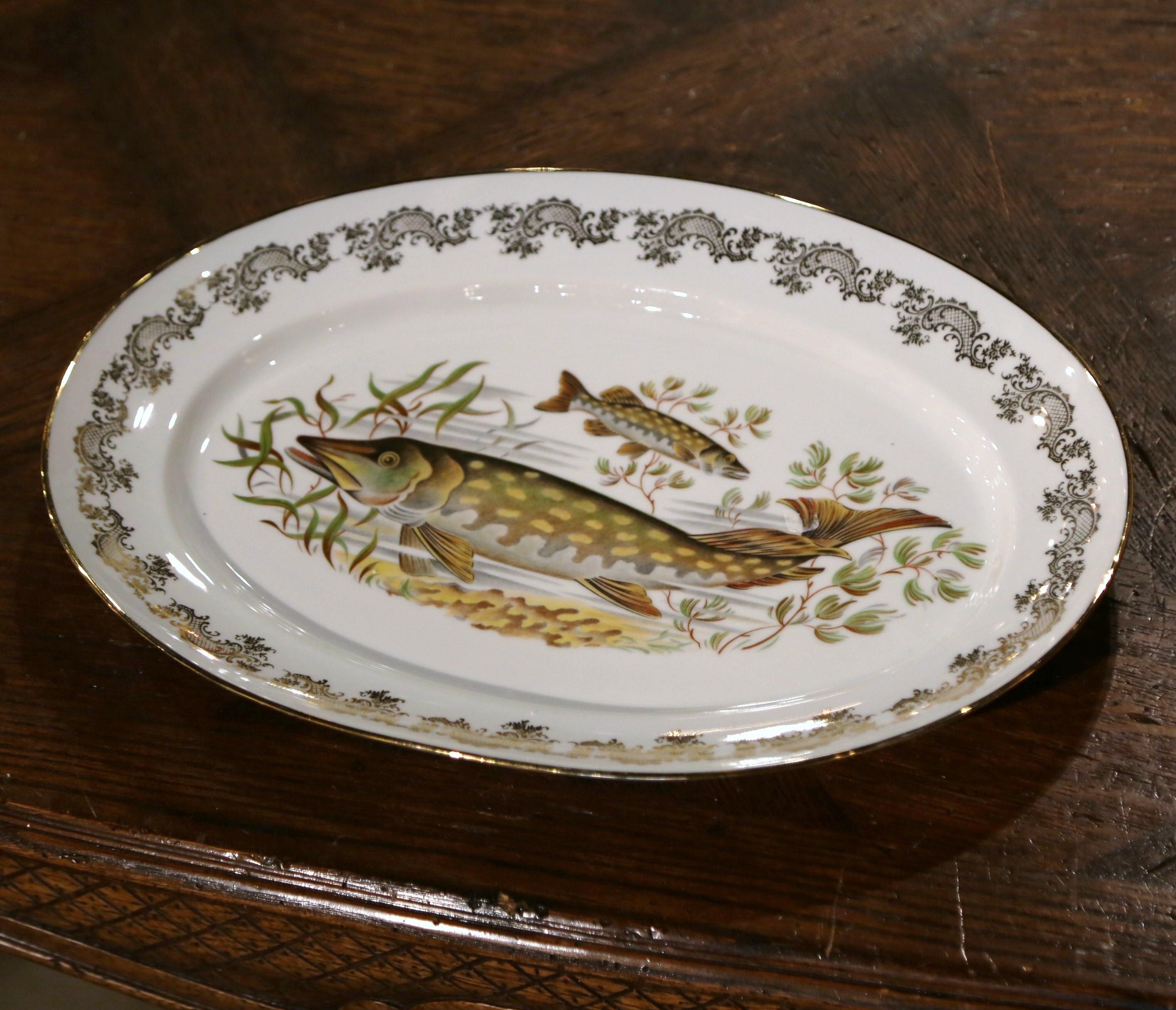 Abalone French Limoges Porcelain Service with Fish Decor Signed Benoit, Set of 13