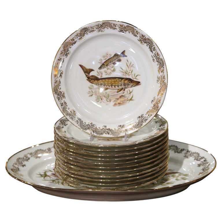 Service à Poisson Vintage Porcelaine Limoges – 6 Assiettes + Plat