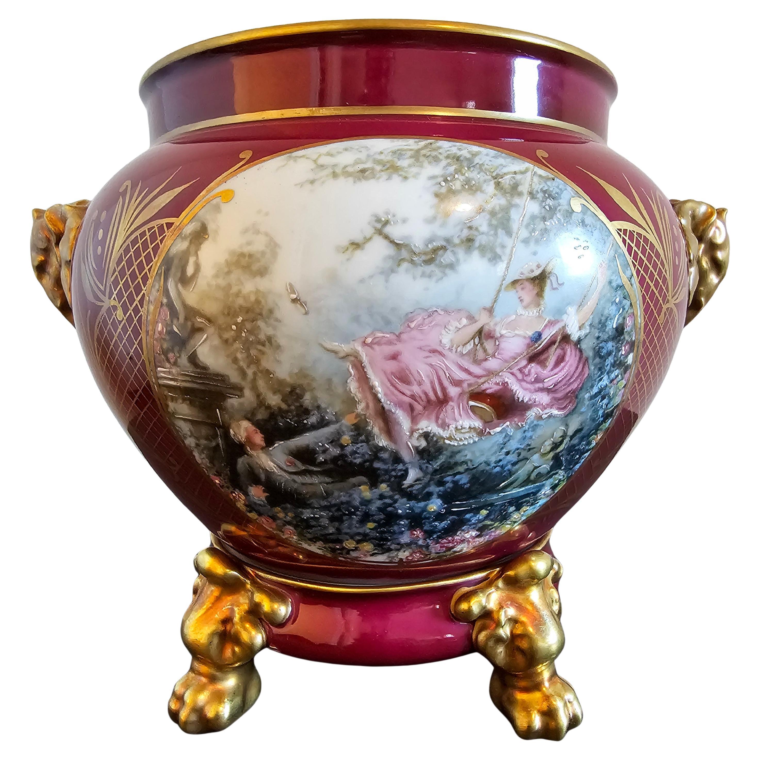 French Limoges Porcelain Two-Piece Burgundy Gilt Painted Vase Cachepot On Stand