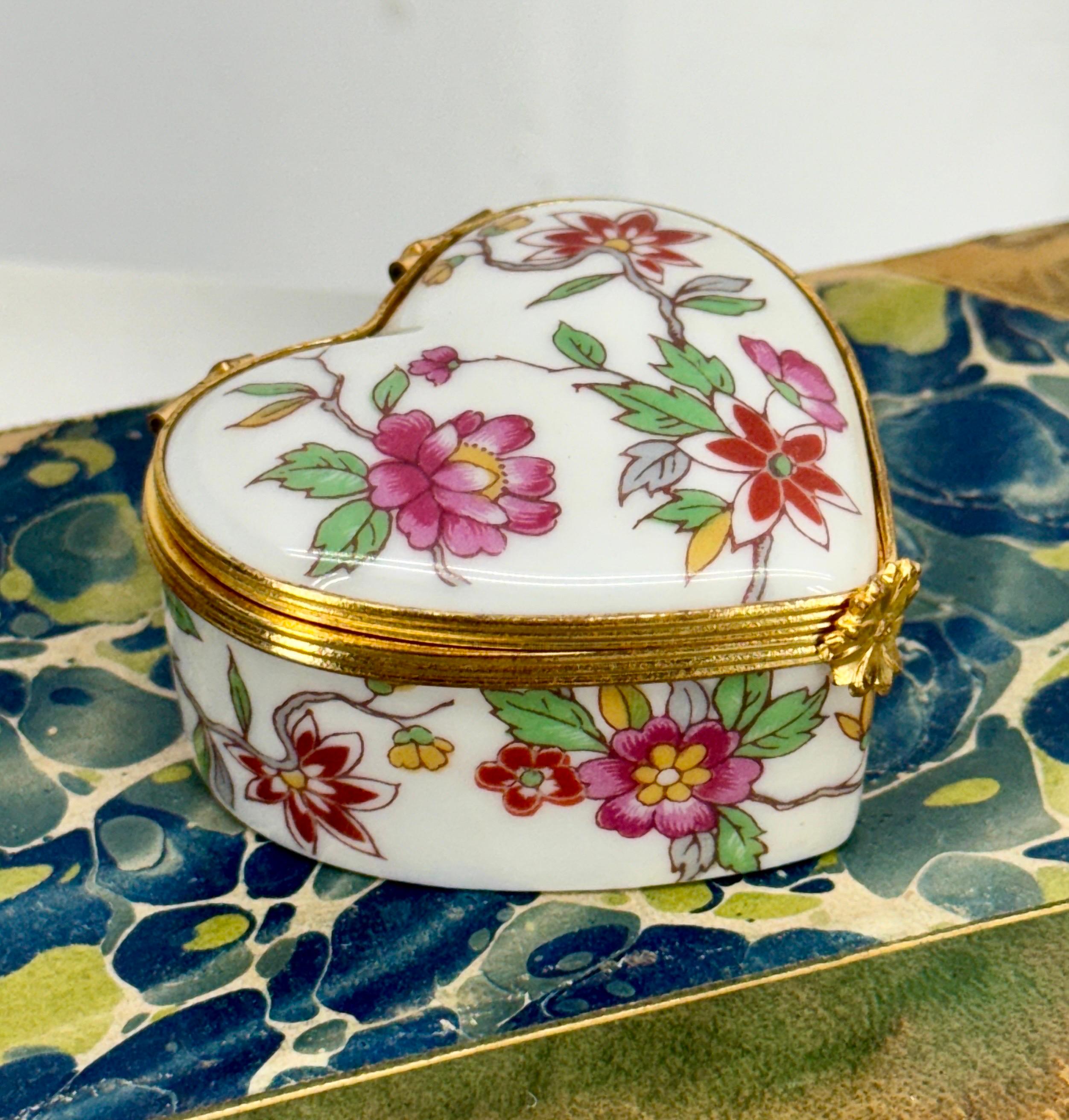 Gold French Limoges Small Heart Shaped Floral Trinket Box For Sale