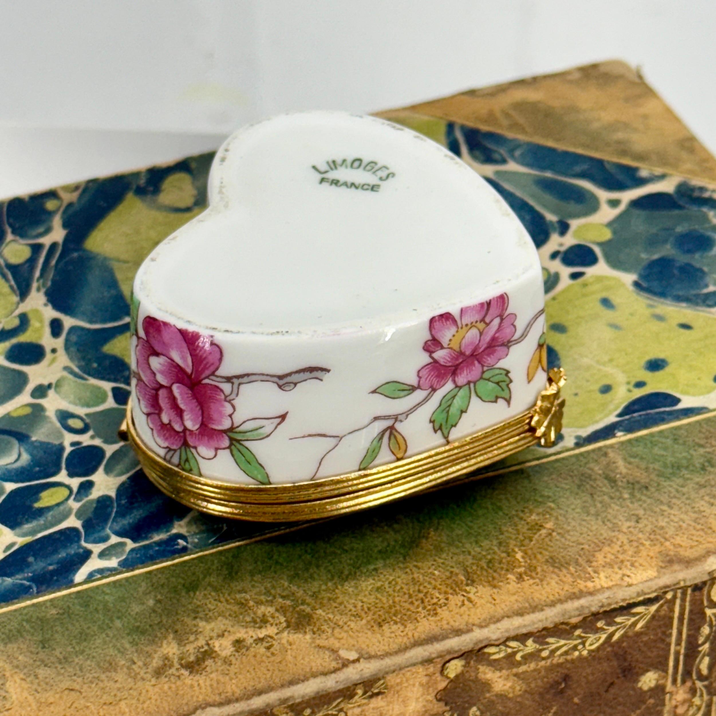 French Limoges Small Heart Shaped Floral Trinket Box For Sale 2