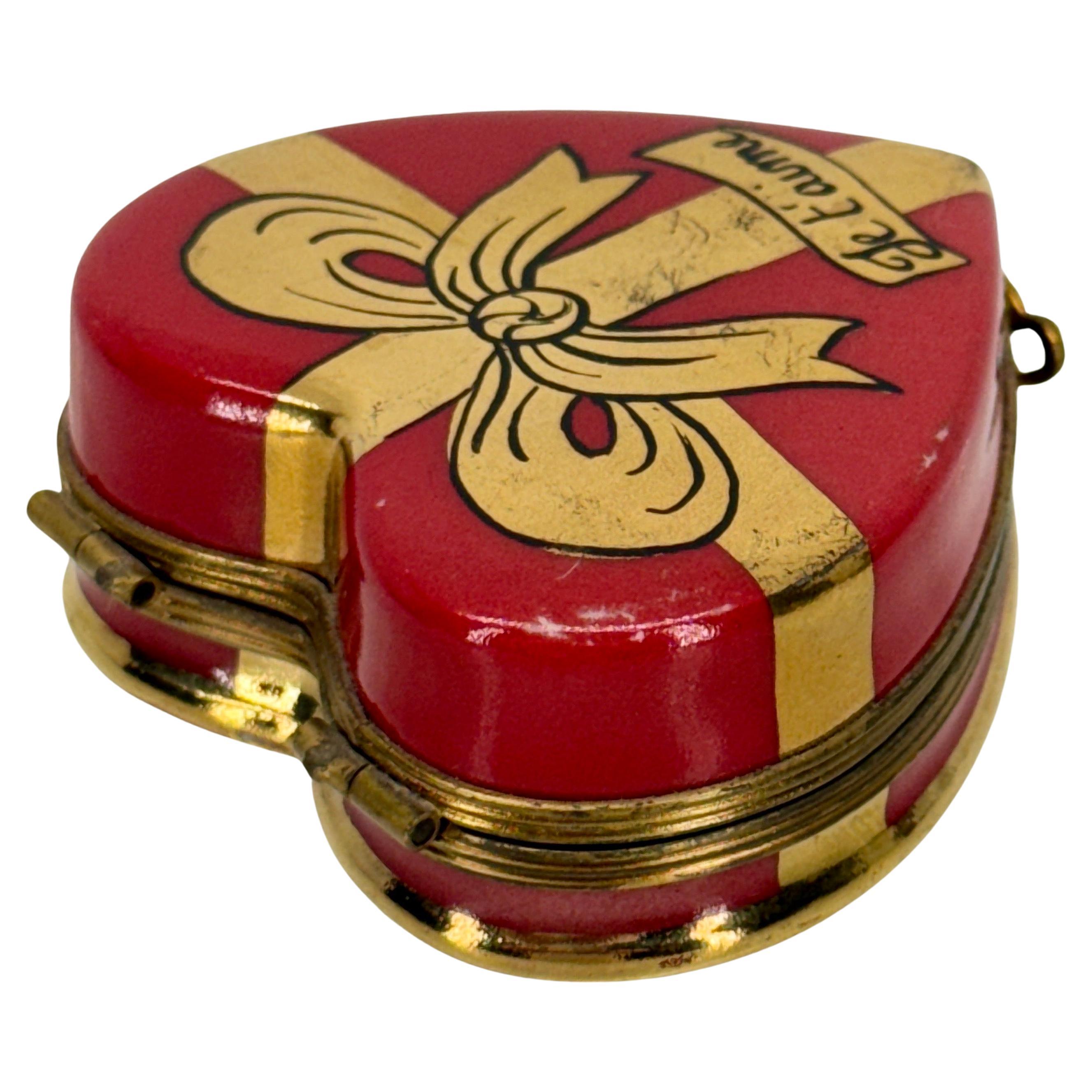 Hand-Crafted French Limoges Small Trinket Red Gold Heart Box For Sale