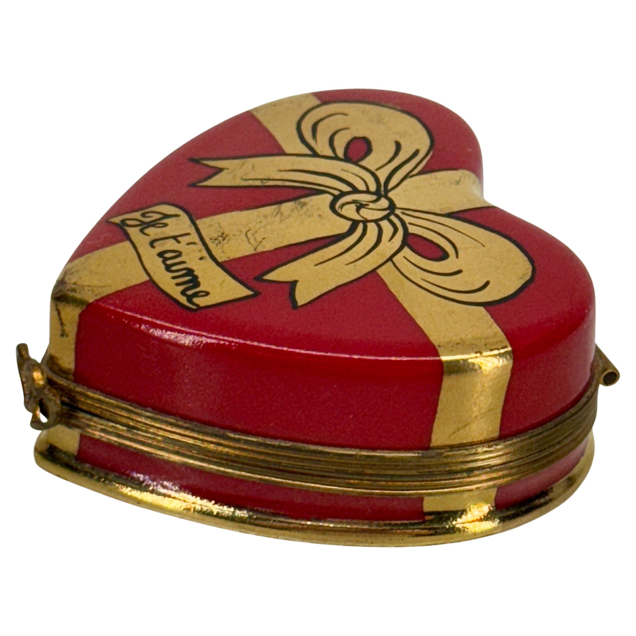 20th Century French Limoges Small Trinket Red Gold Heart Box For Sale