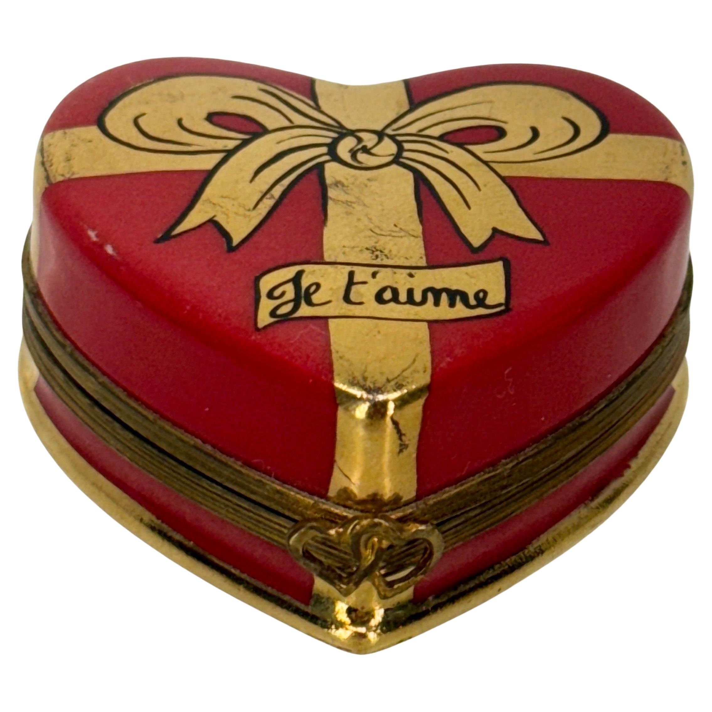 French Limoges Small Trinket Red Gold Heart Box For Sale 1