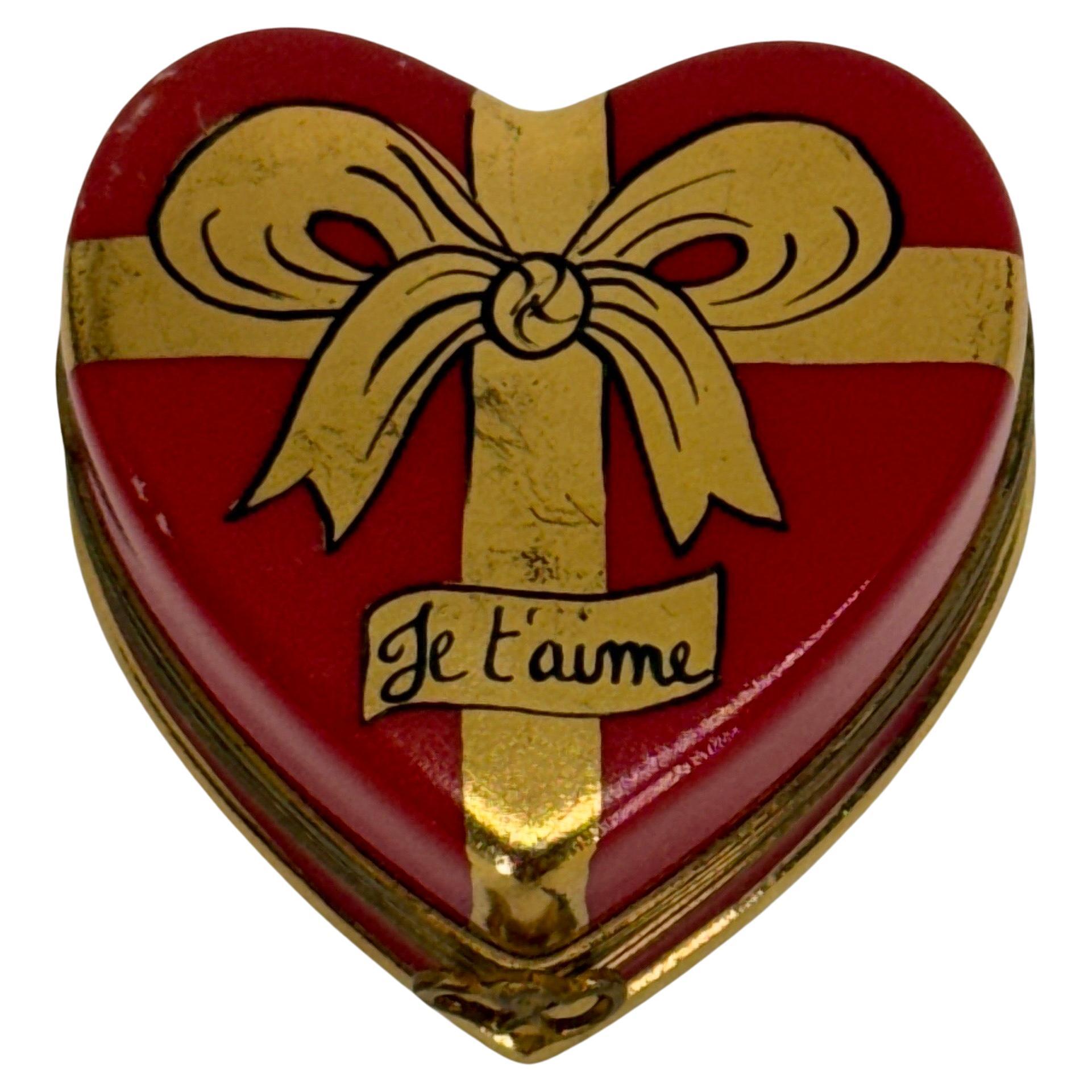 French Limoges Small Trinket Red Gold Heart Box For Sale