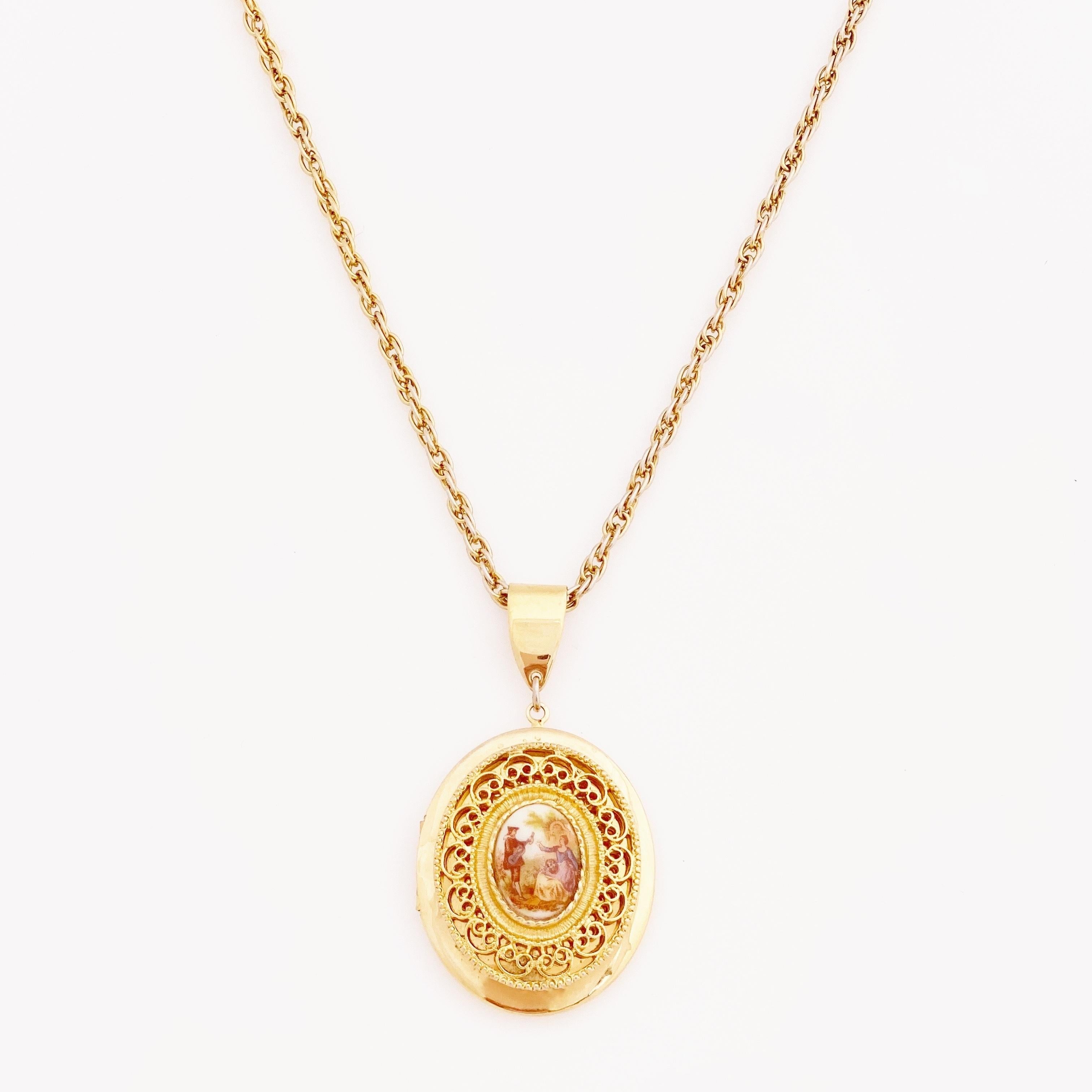 Modern French Limoges Style Romantic Serenade Locket Necklace, 1960s