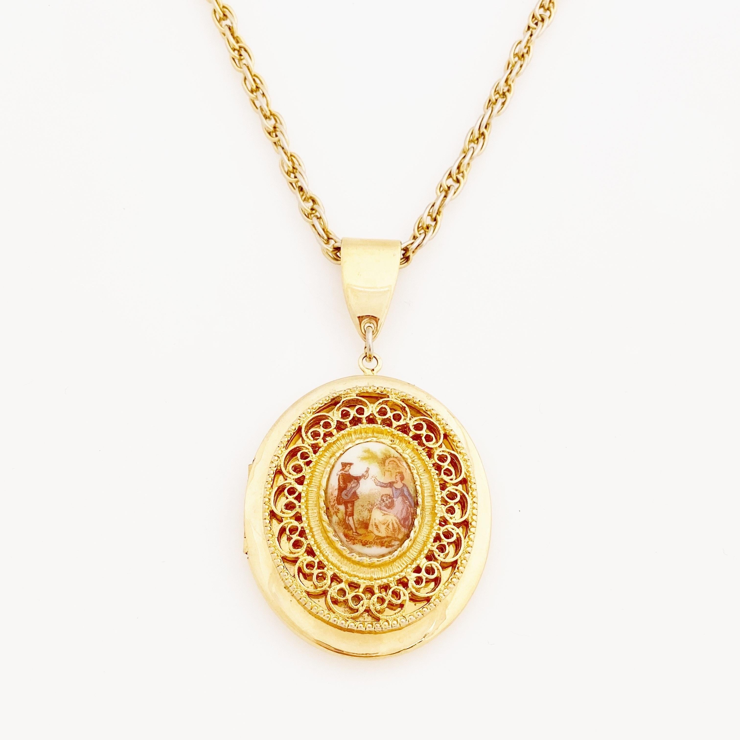 French Limoges Style Romantic Serenade Locket Necklace, 1960s In Good Condition In McKinney, TX