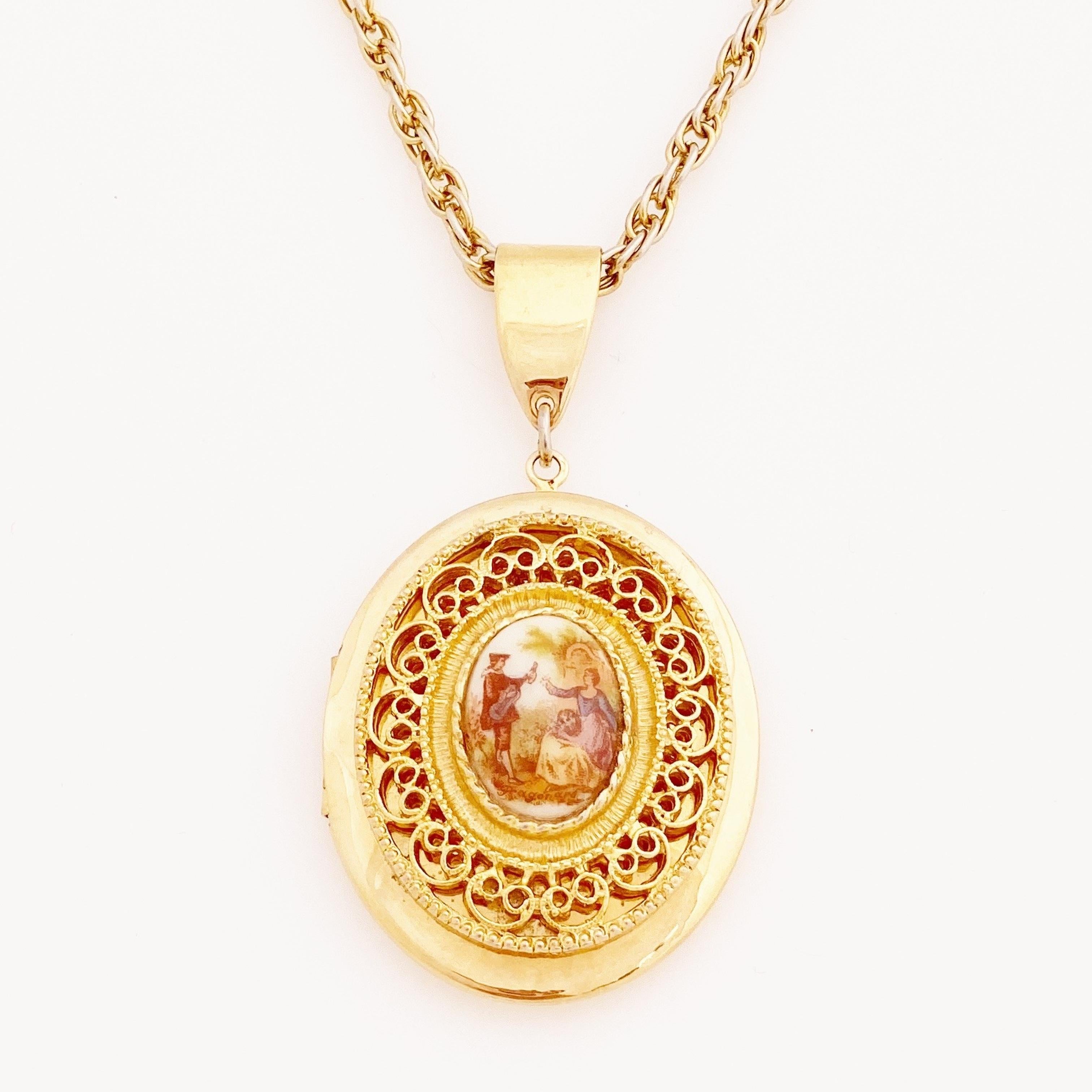 Women's French Limoges Style Romantic Serenade Locket Necklace, 1960s
