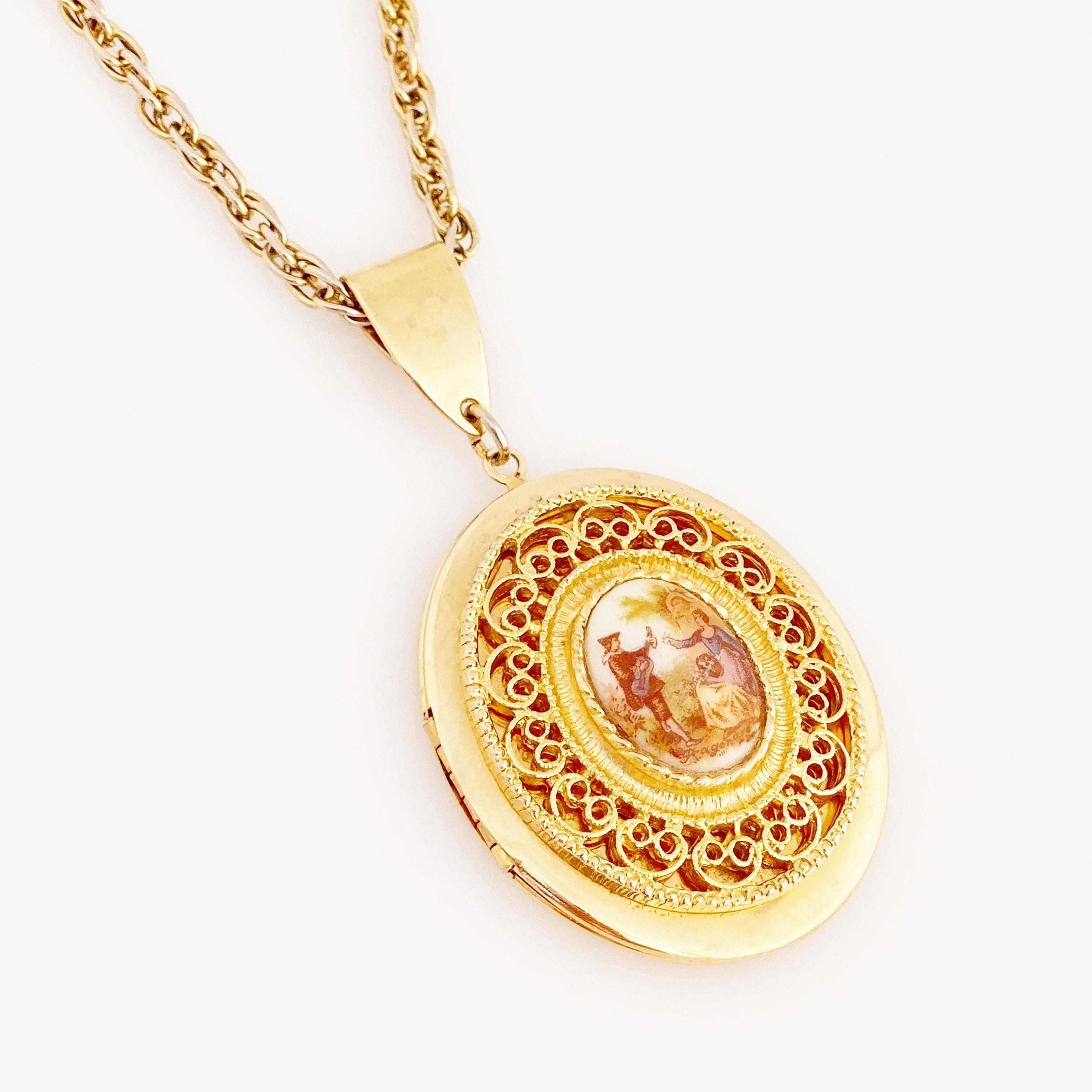 French Limoges Style Romantic Serenade Locket Necklace, 1960s 1