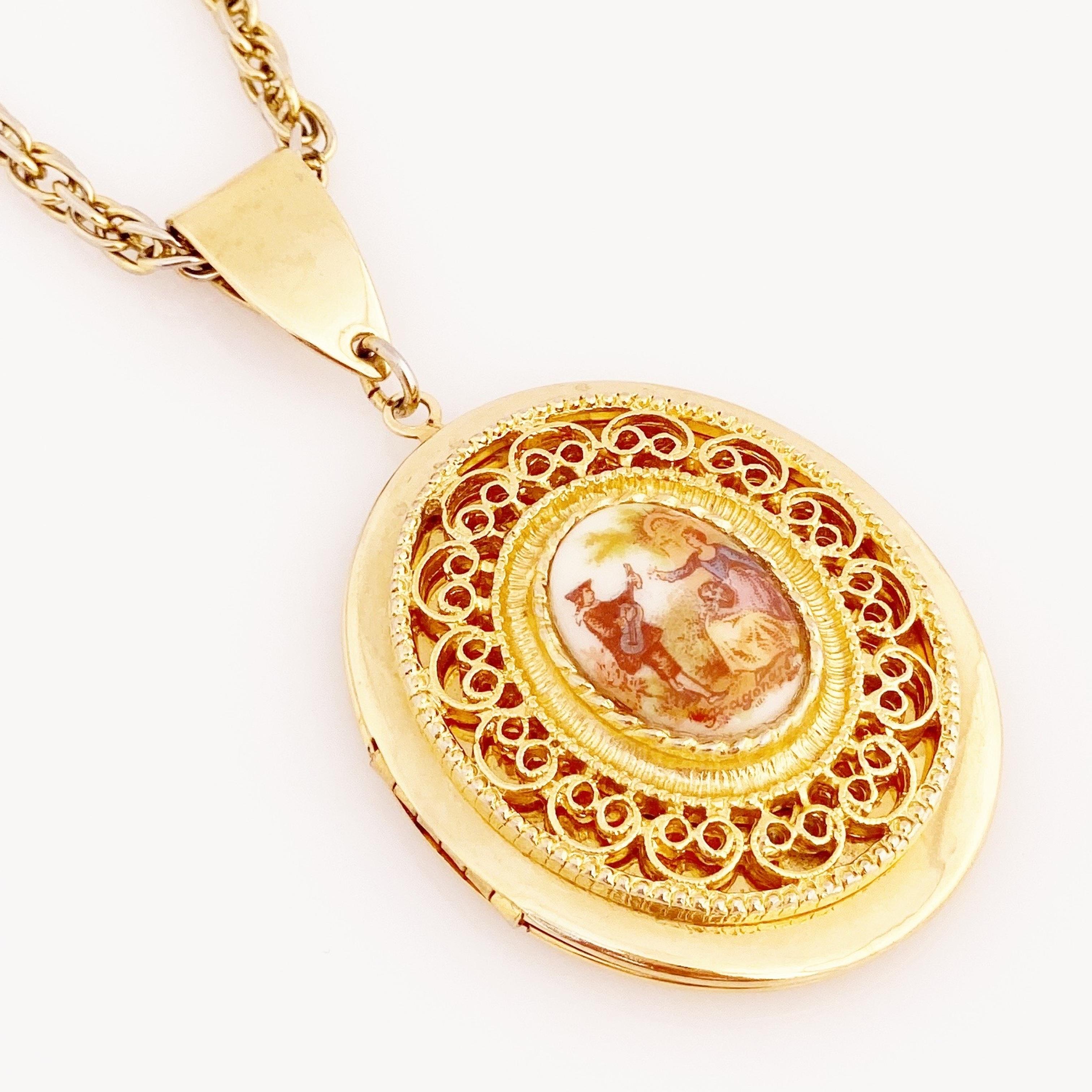 French Limoges Style Romantic Serenade Locket Necklace, 1960s 2