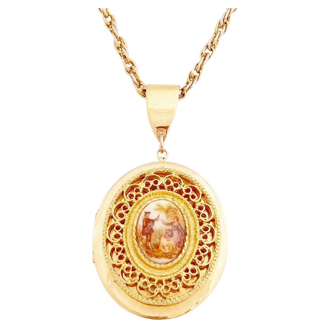French Limoges Style Romantic Serenade Locket Necklace, 1960s