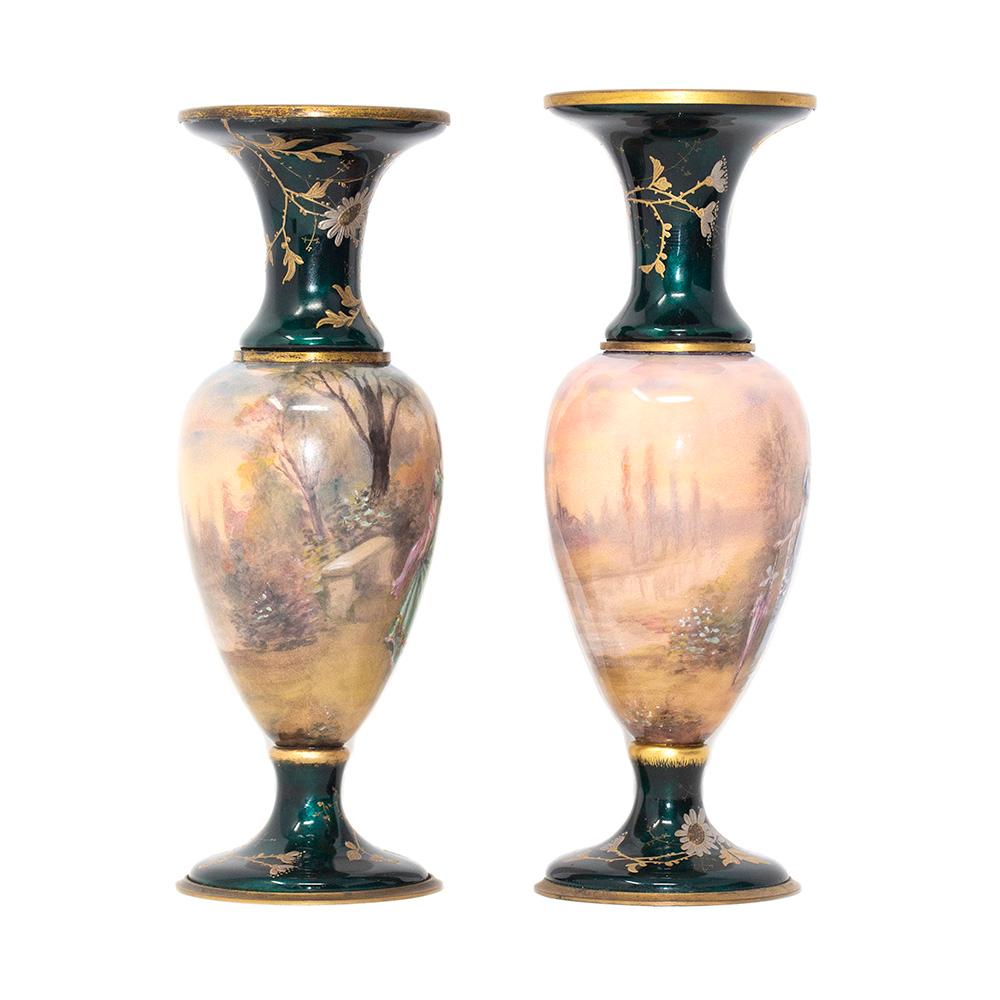 Hand-Painted French Limoges Style Vase Pair For Sale