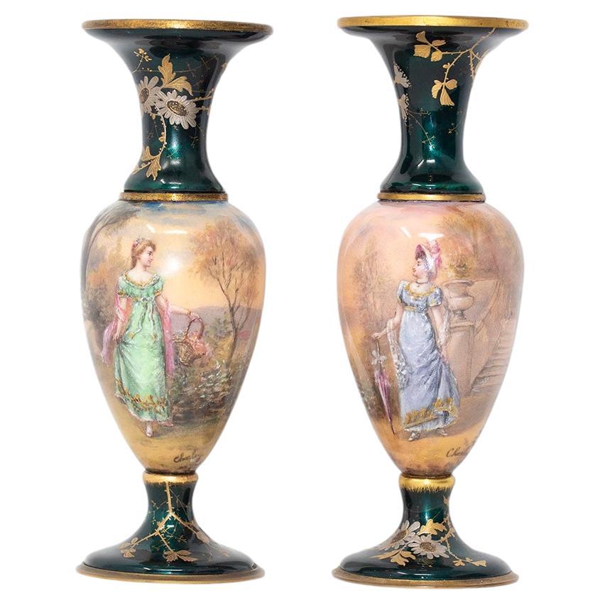 French Limoges Style Vase Pair For Sale