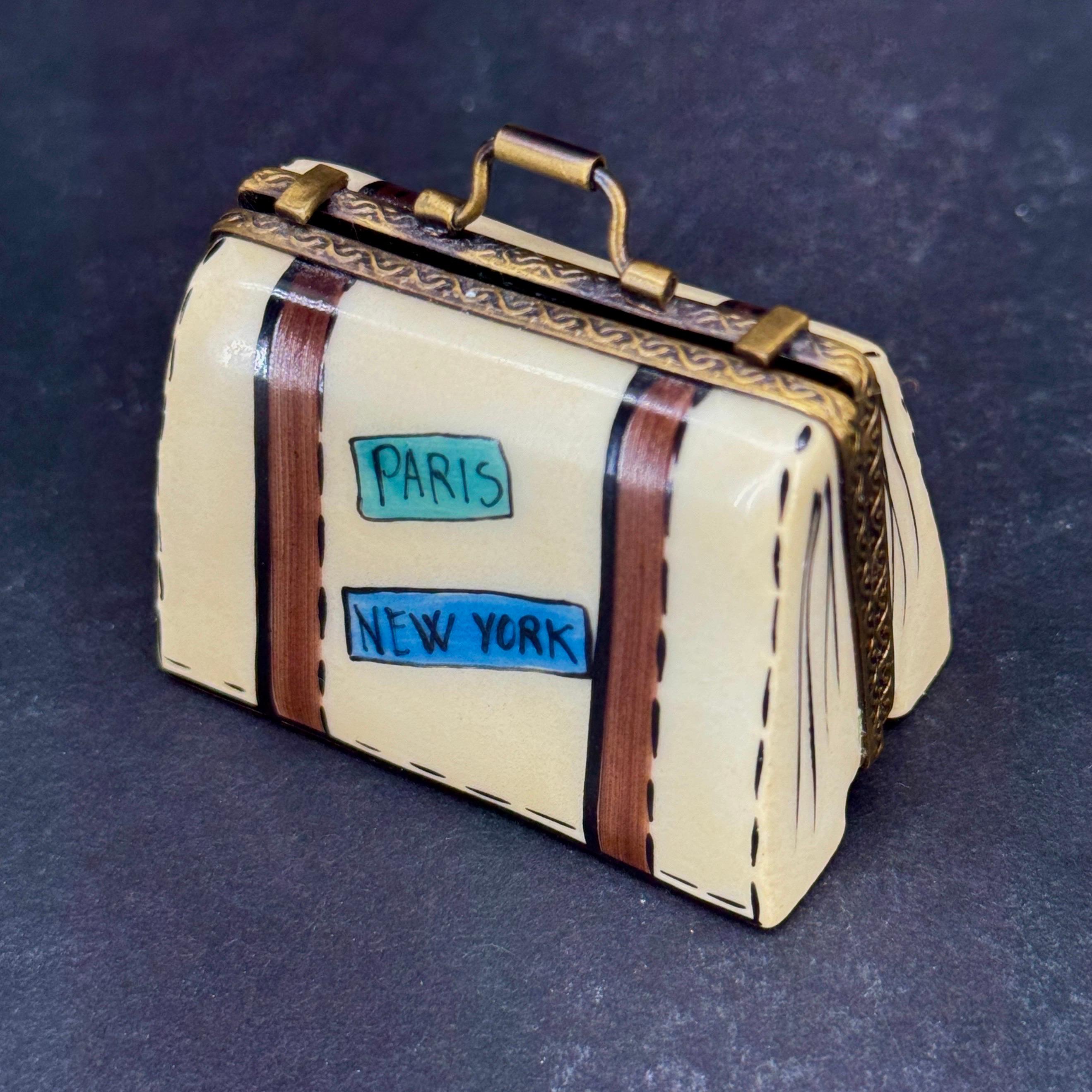 French Provincial French Limoges Trinket Travel Suitcase Box Paris London New York