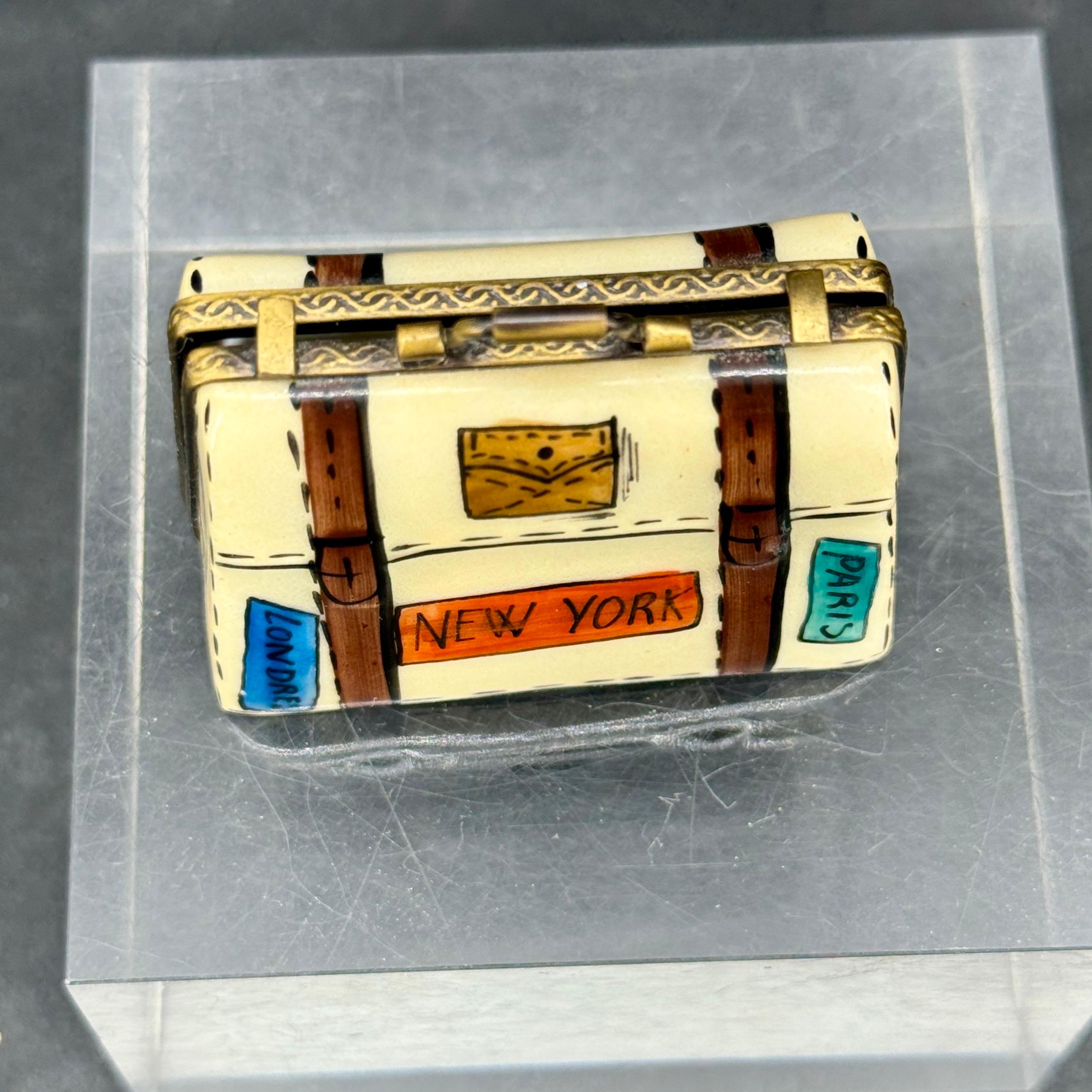 20th Century French Limoges Trinket Travel Suitcase Box Paris London New York