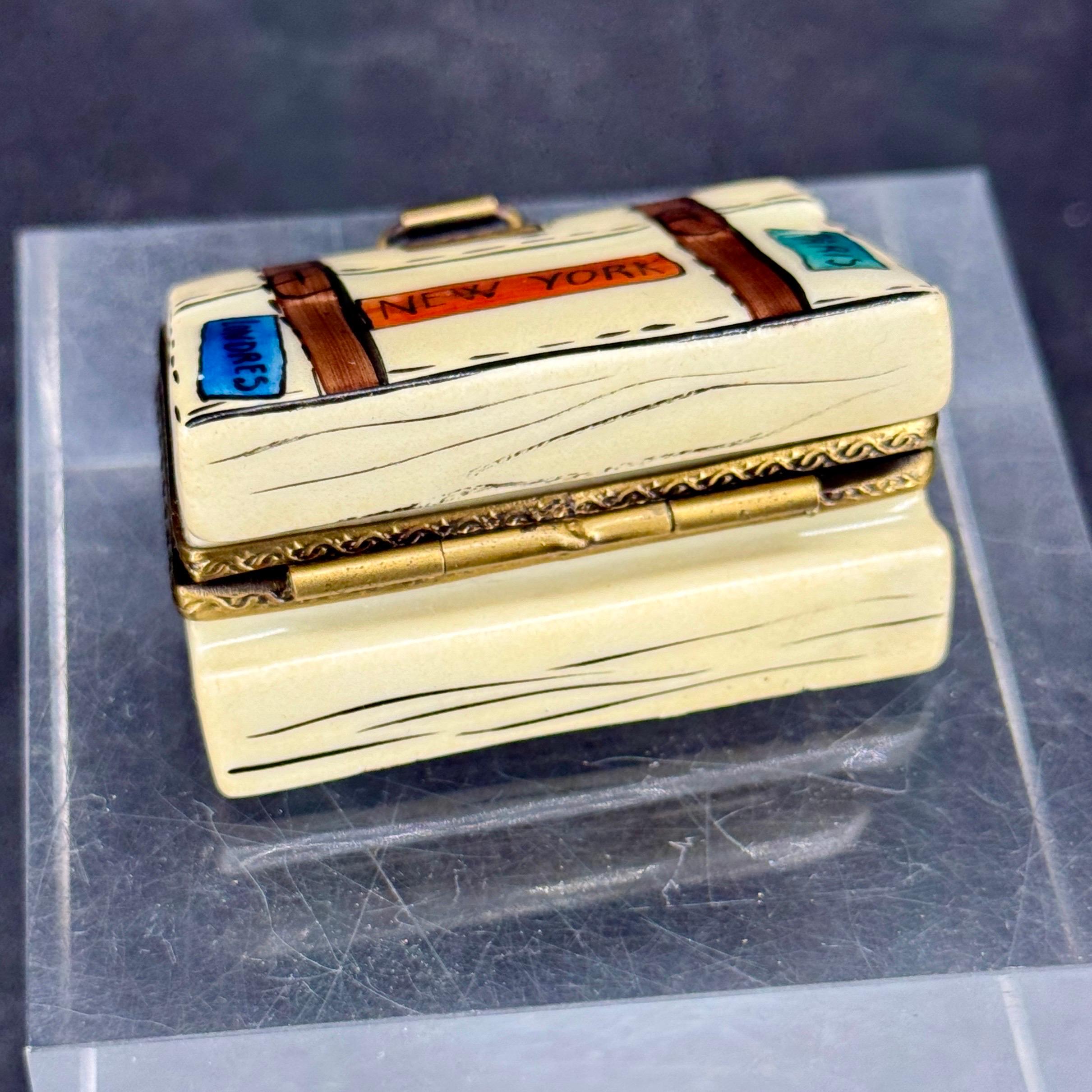 Gold French Limoges Trinket Travel Suitcase Box Paris London New York