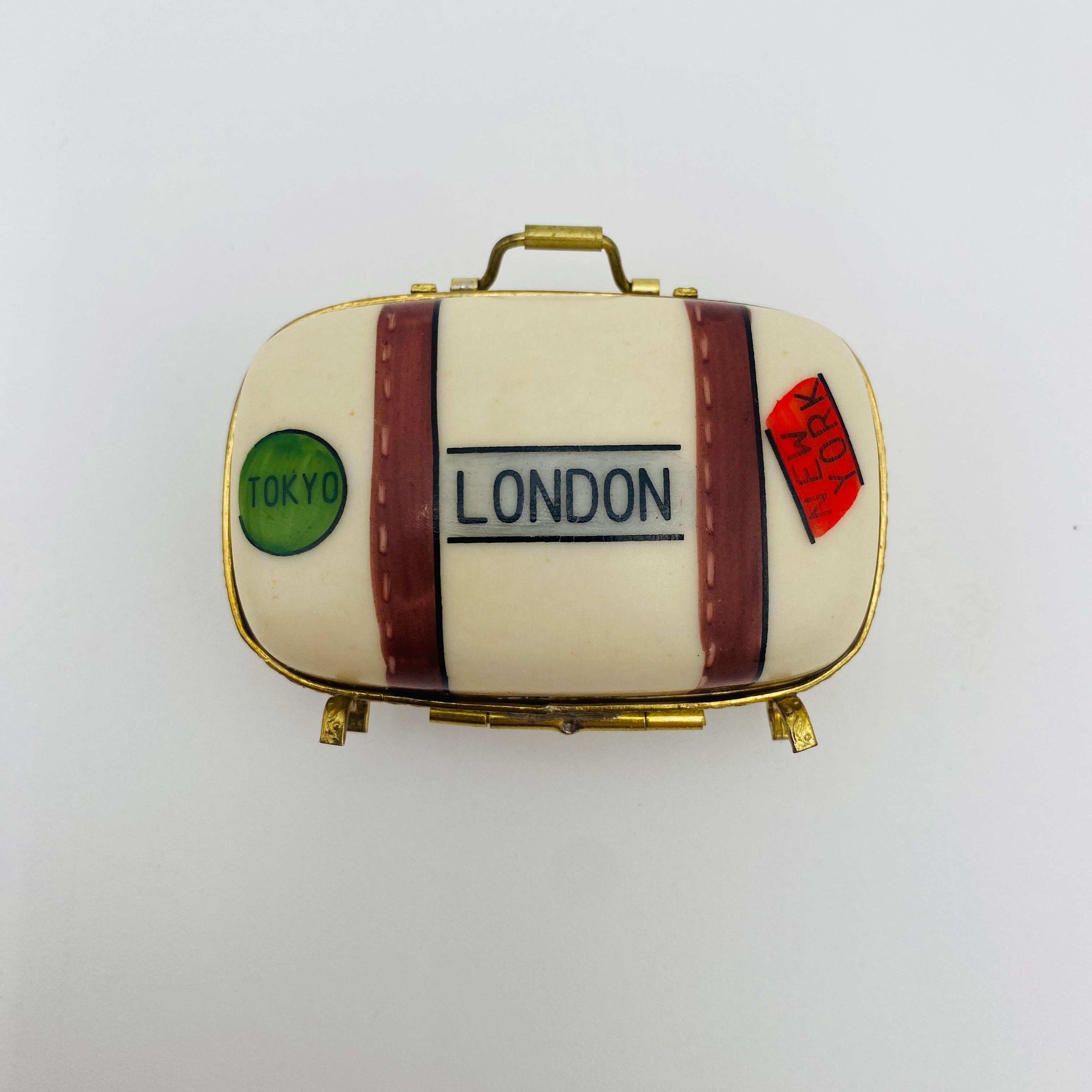 Laiton Boîte de voyage Trinket de Limoges Paris Londres New York
