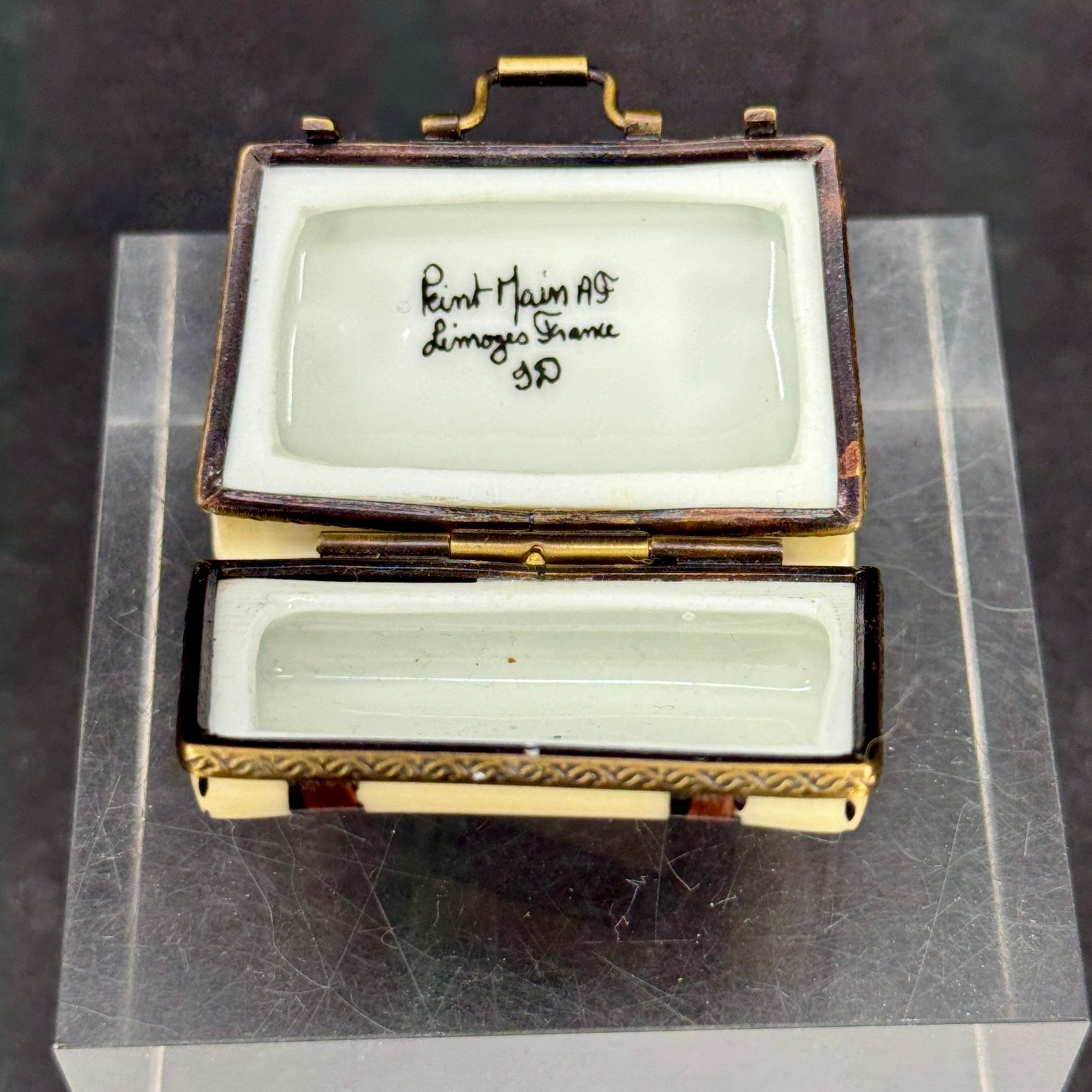 French Limoges Trinket Travel Suitcase Box Paris London New York 1