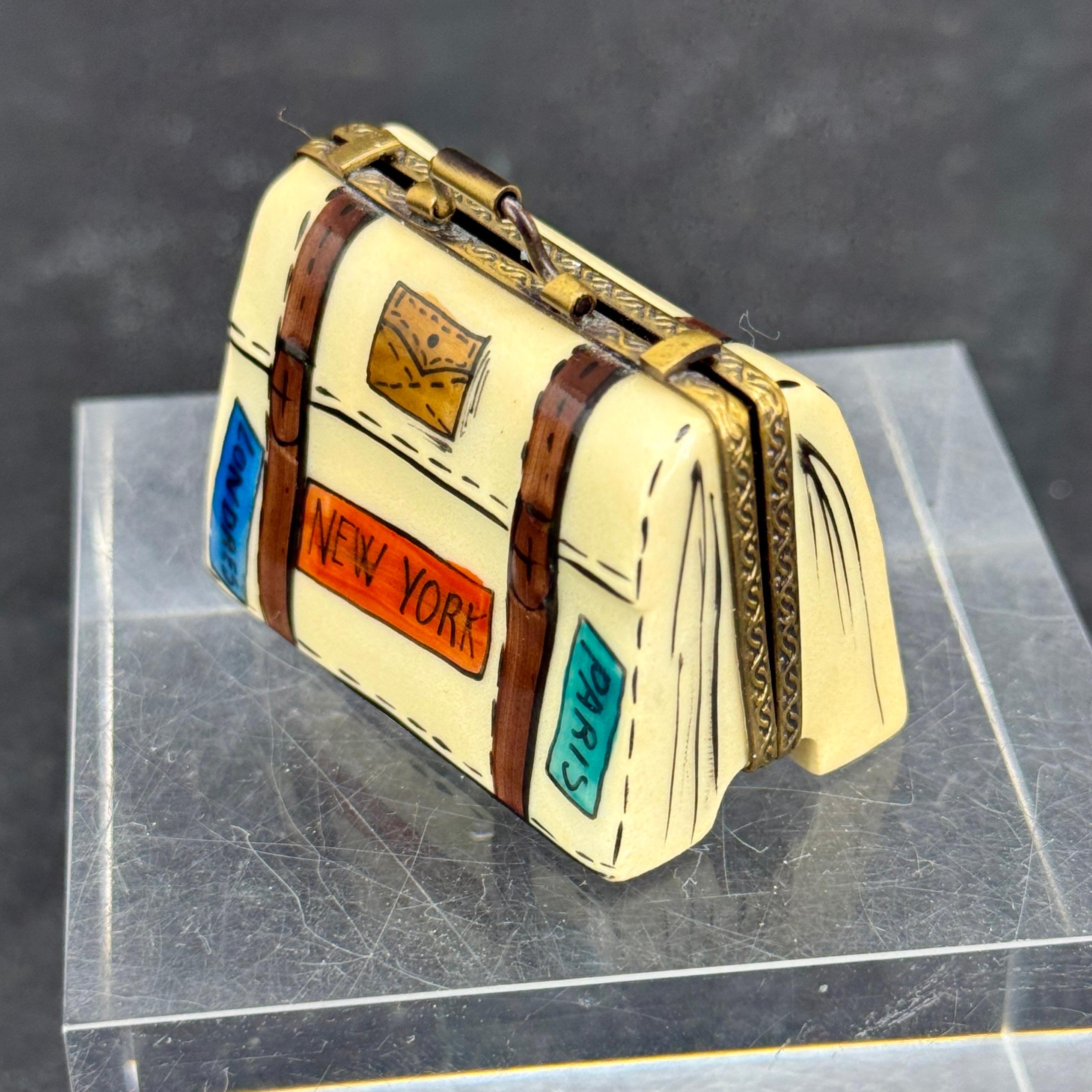 French Limoges Trinket Travel Suitcase Box Paris London New York 2