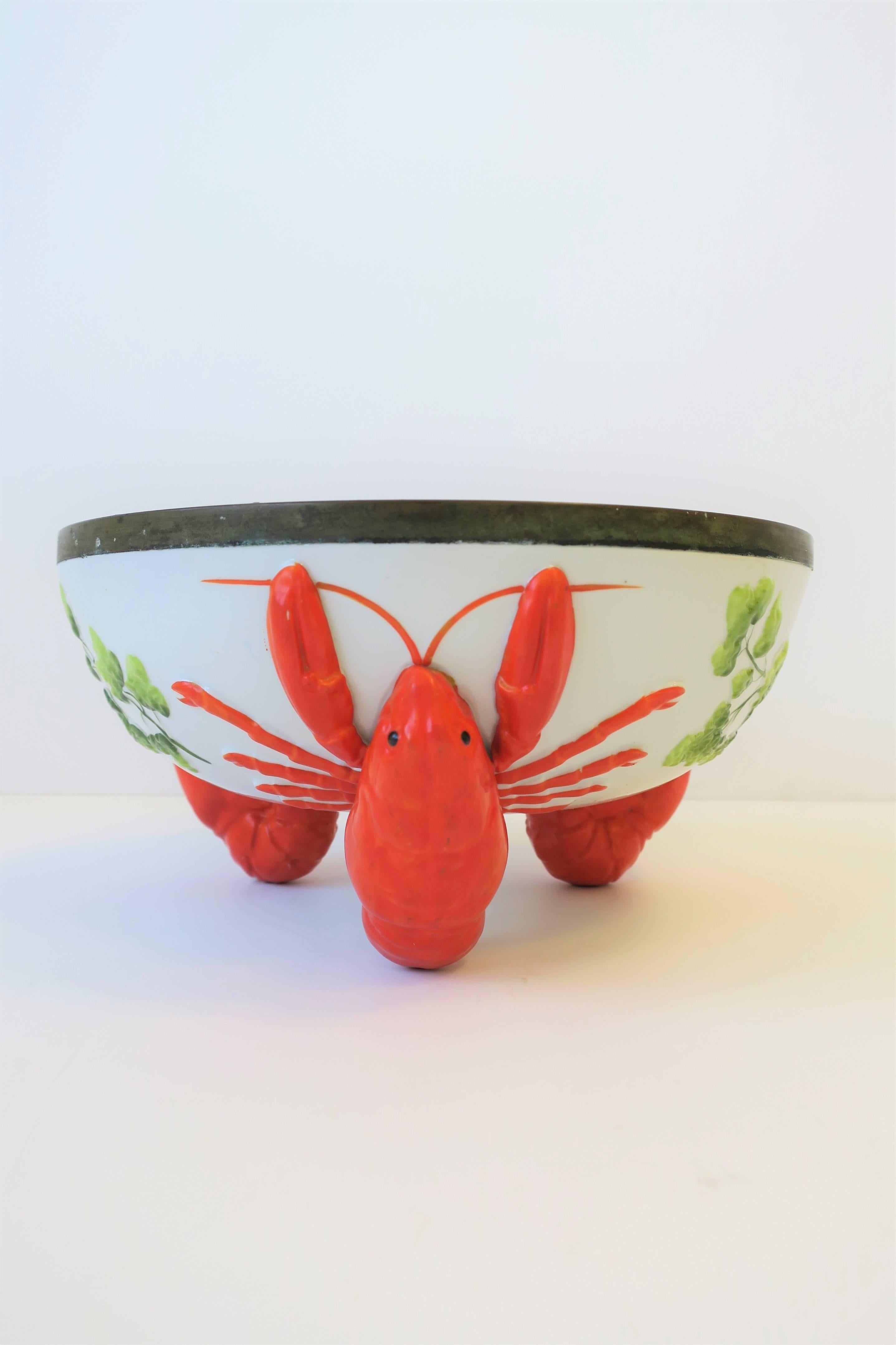 French Limoges Majolica Style Red Lobster Serving Bowl In Good Condition In New York, NY
