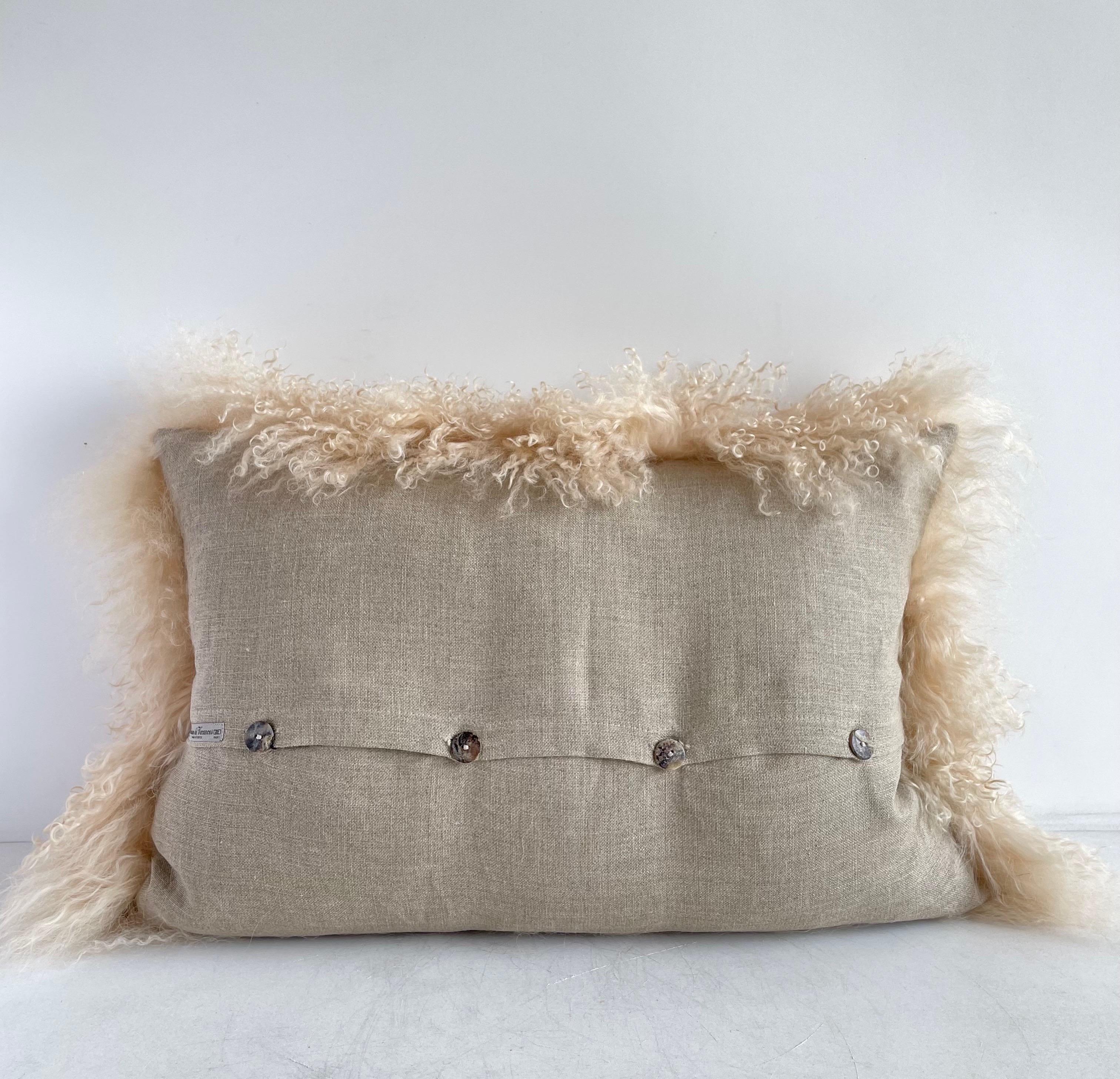 French Linen and Tibetan Goat Accent Pillow with Down Insert For Sale 1