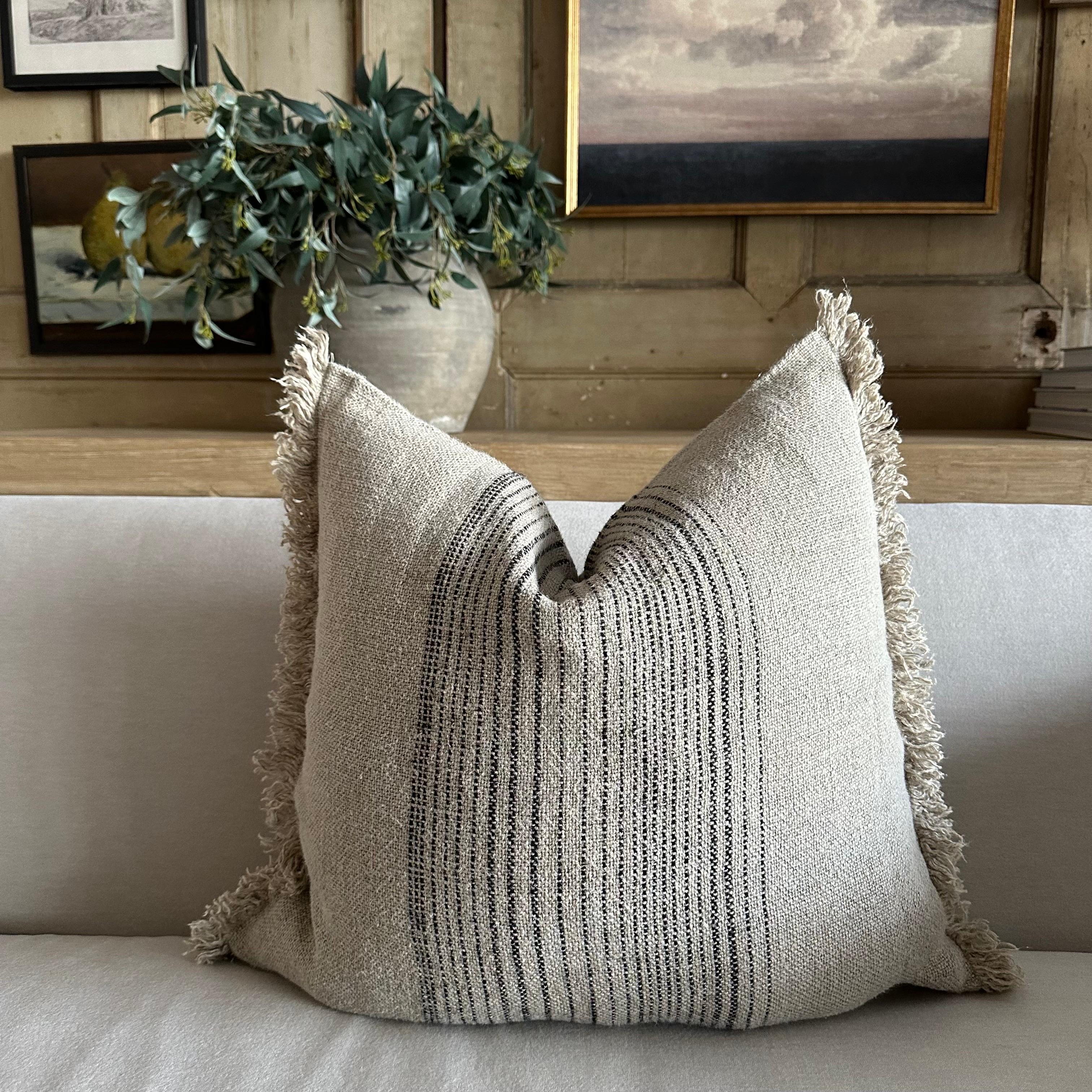 French Linen Flax Pillow with Black Ticking Stripes Pair In New Condition For Sale In Brea, CA