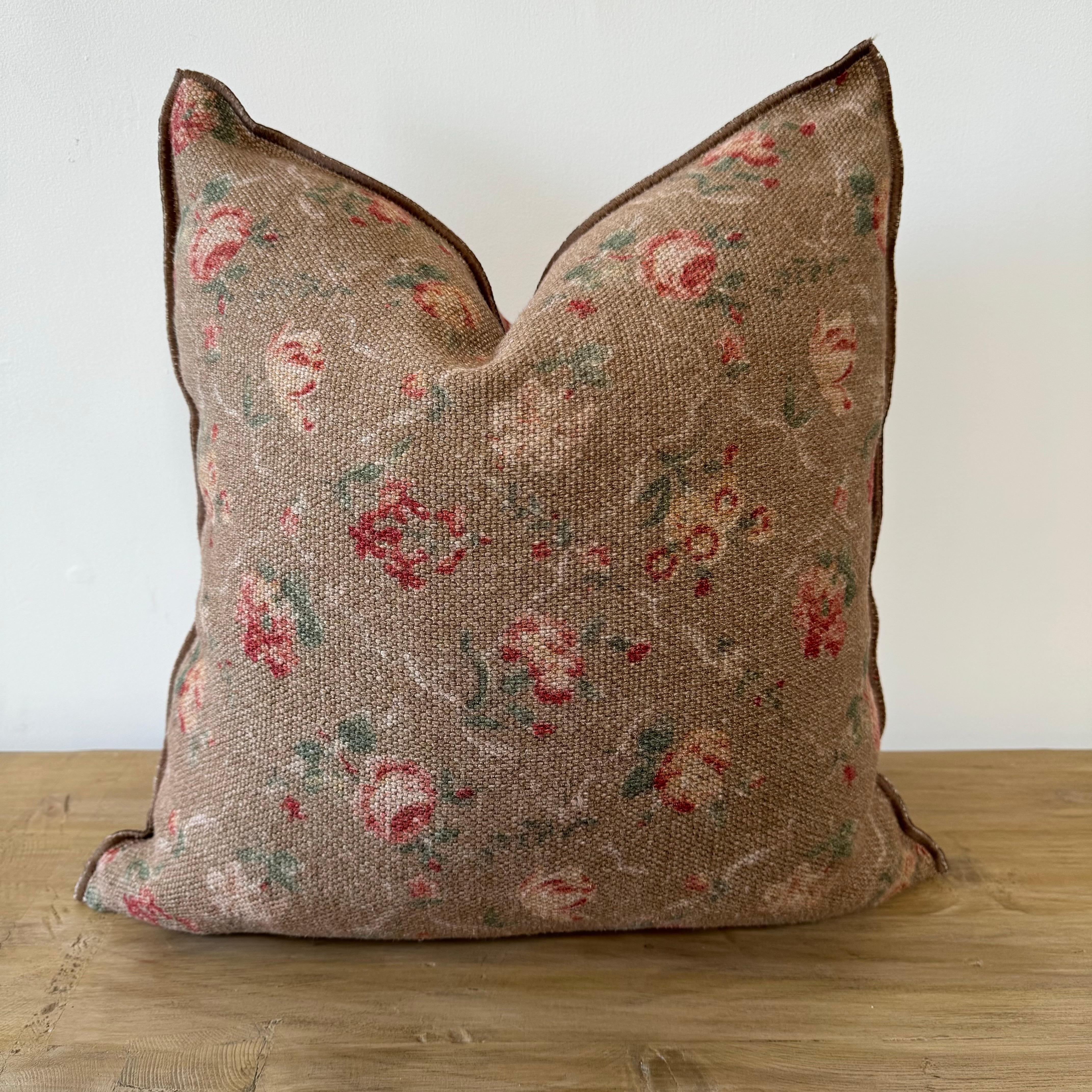 French Linen Floral Pillow in Brown Tones with Down Insert In New Condition For Sale In Old Town Orange, CA