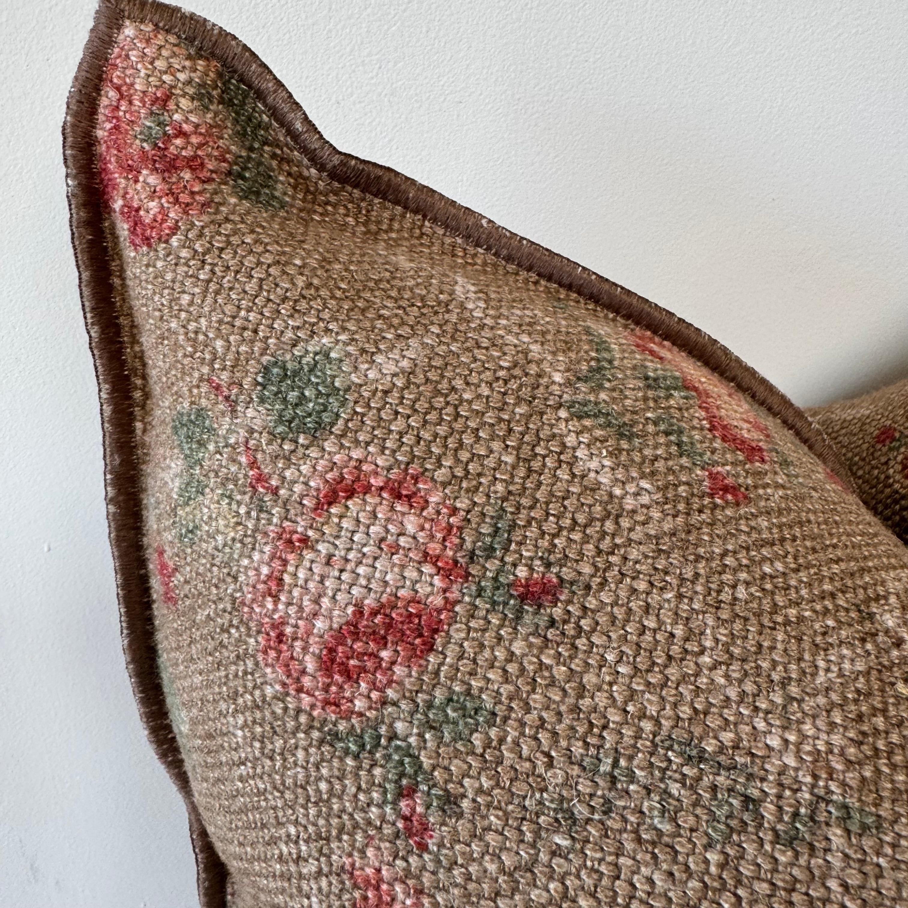 Contemporary French Linen Floral Pillow in Brown Tones with Down Insert