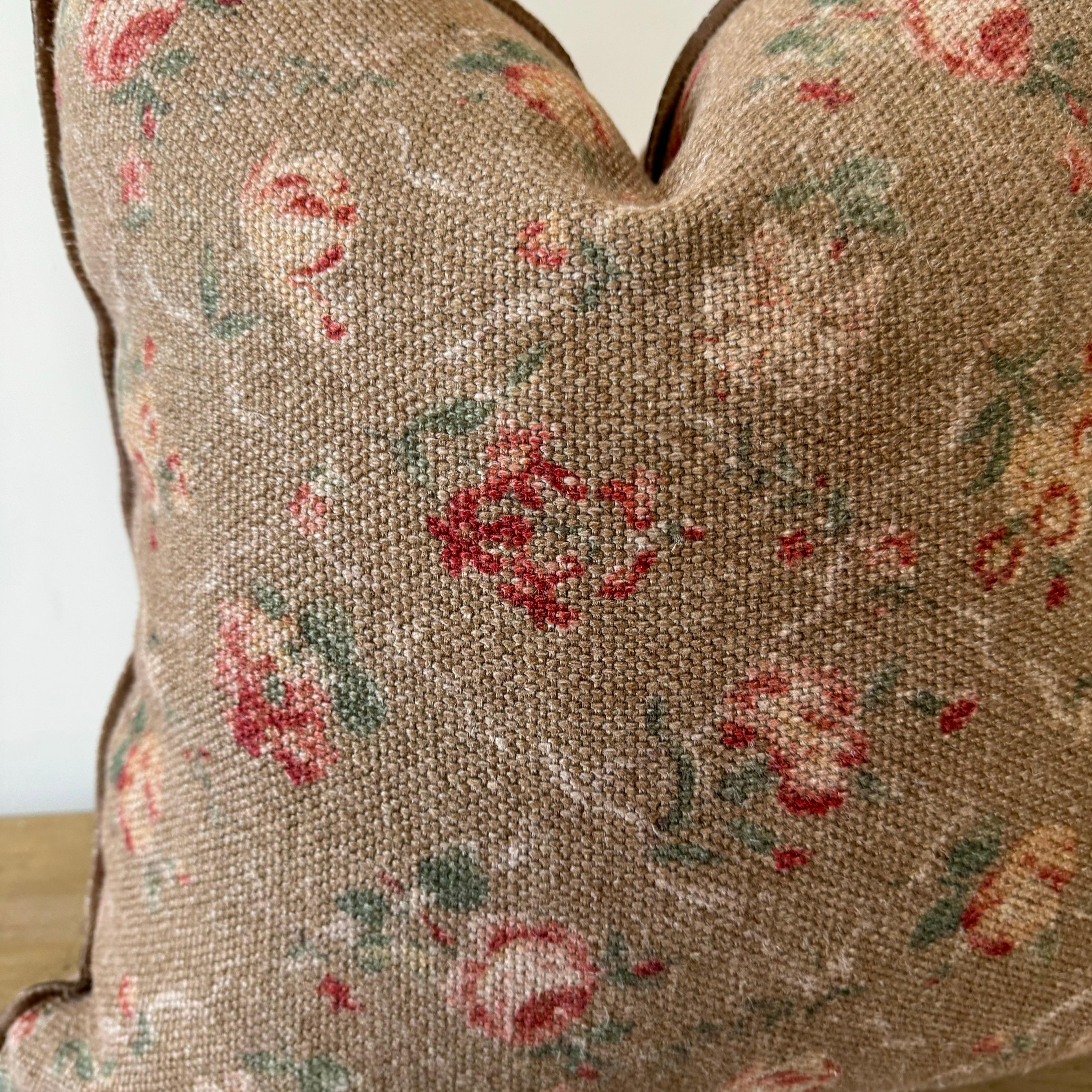 French Linen Floral Pillow in Brown Tones with Down Insert For Sale 1