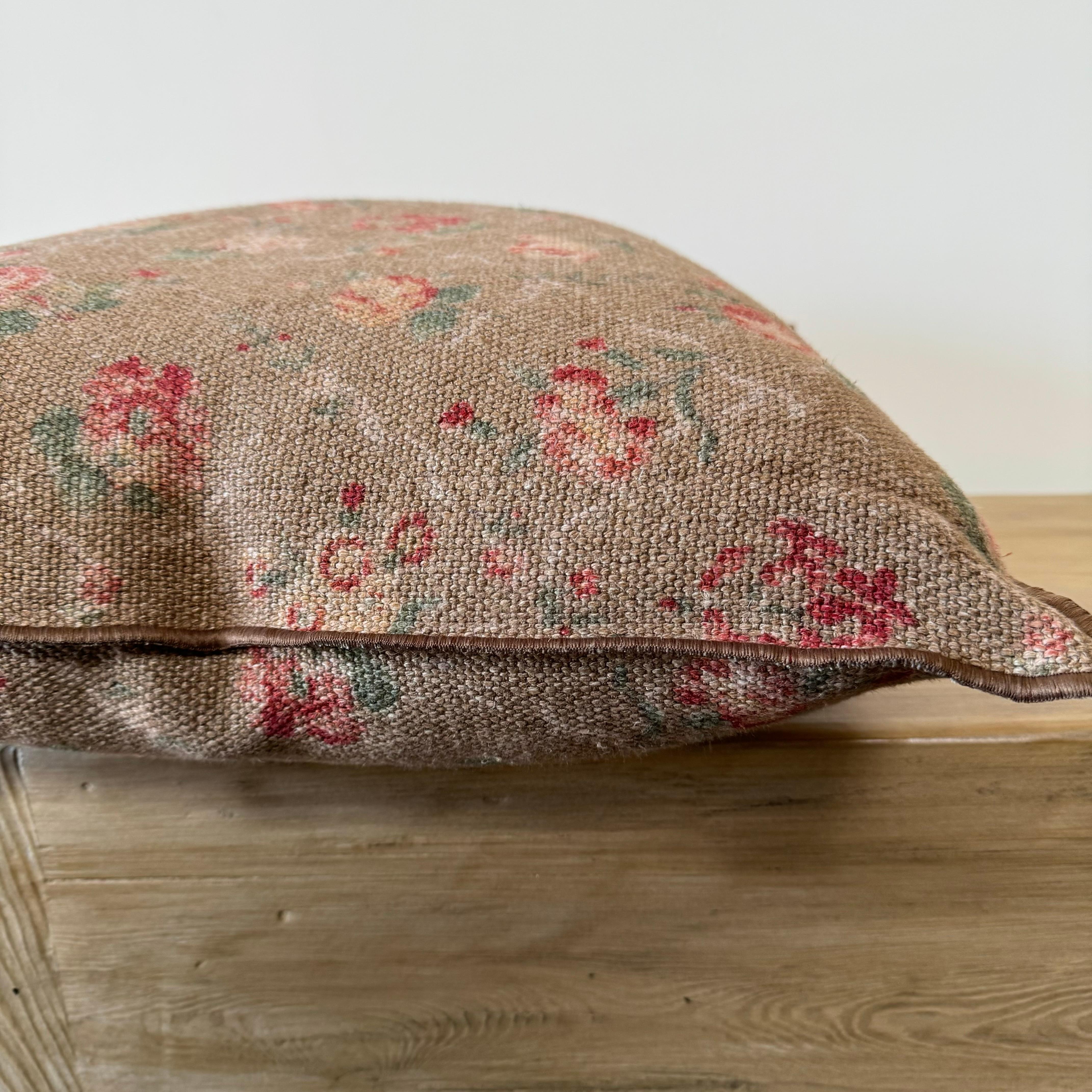 French Linen Floral Pillow in Brown Tones with Down Insert For Sale 2