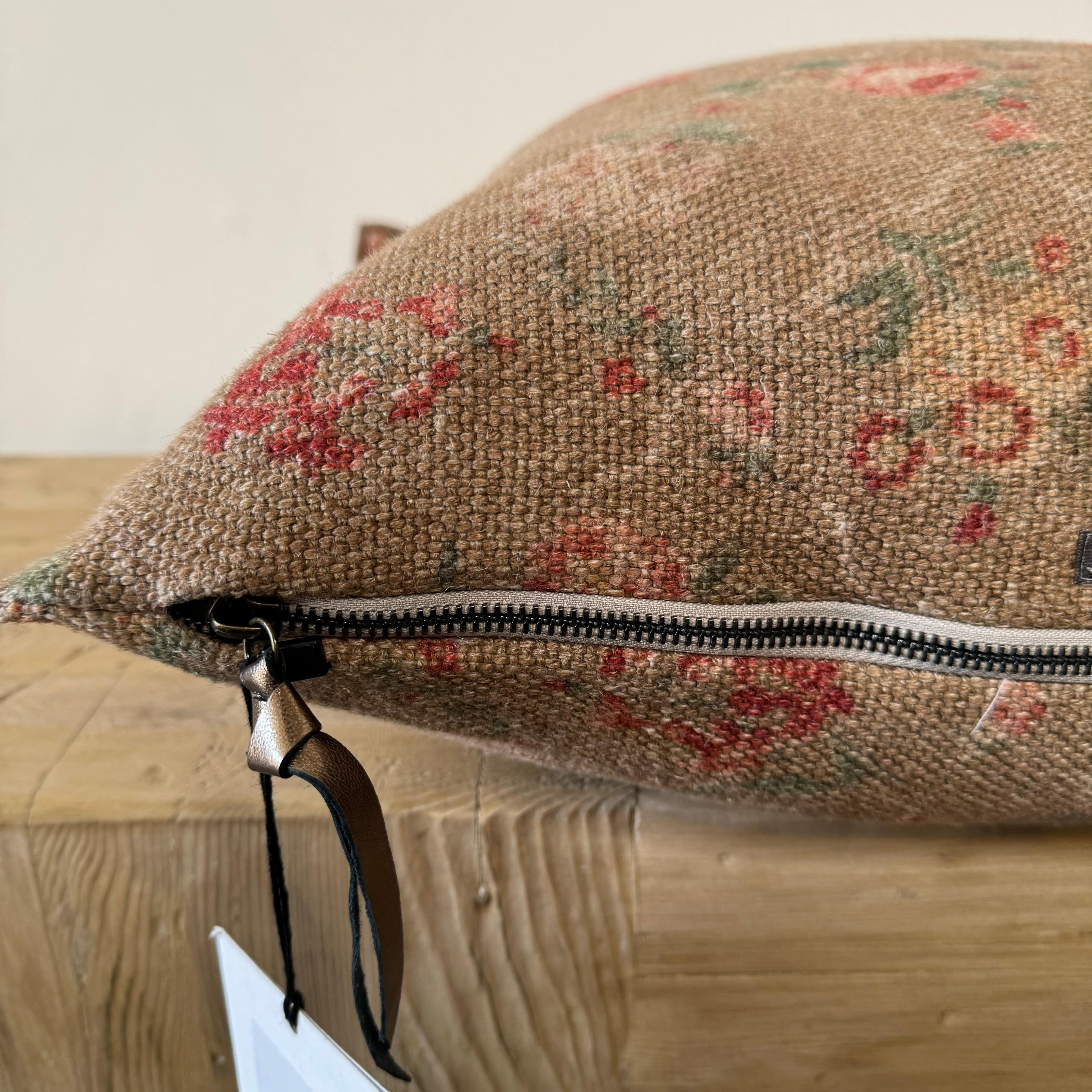 French Linen Floral Pillow in Brown Tones with Down Insert For Sale 3