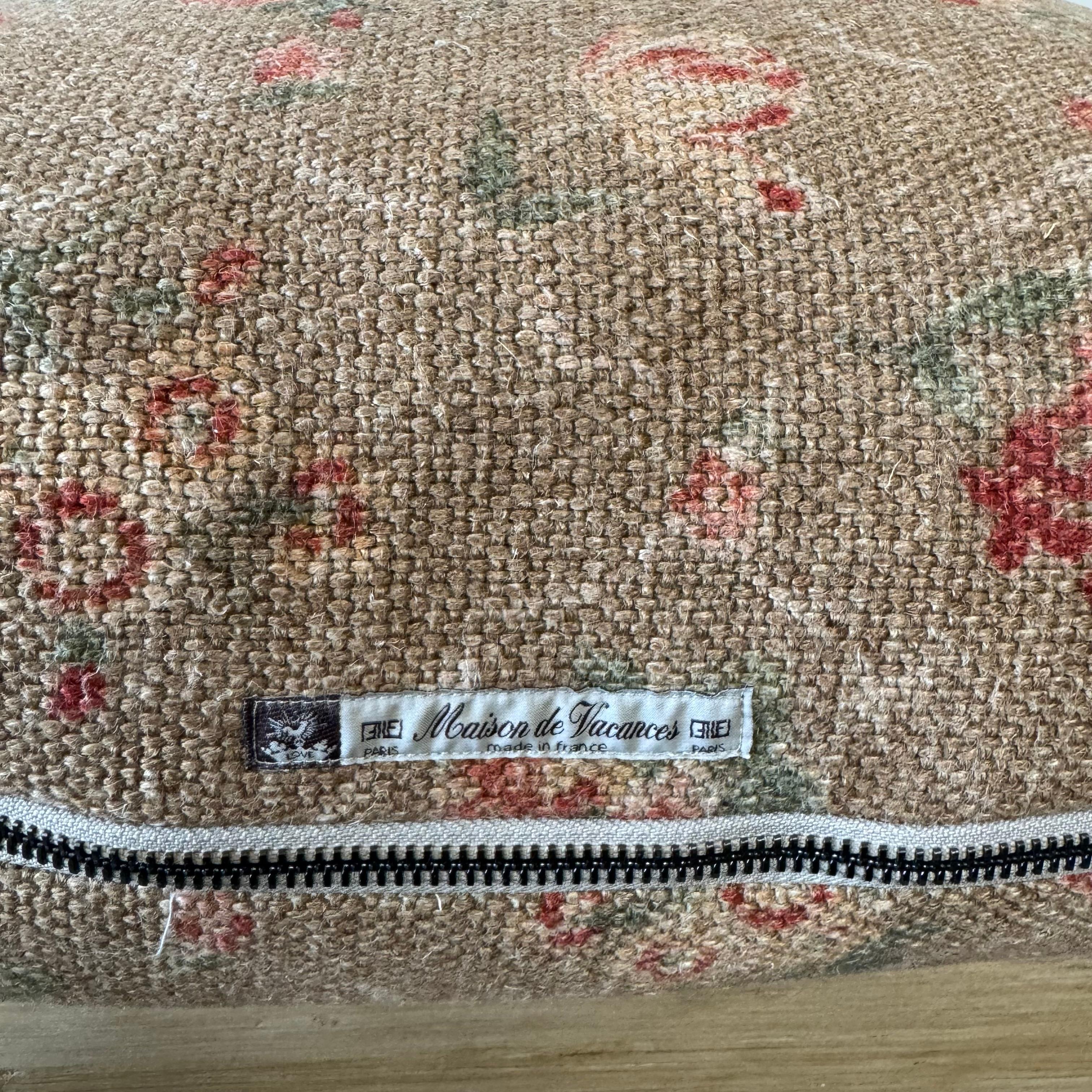 French Linen Floral Pillow in Brown Tones with Down Insert For Sale 4