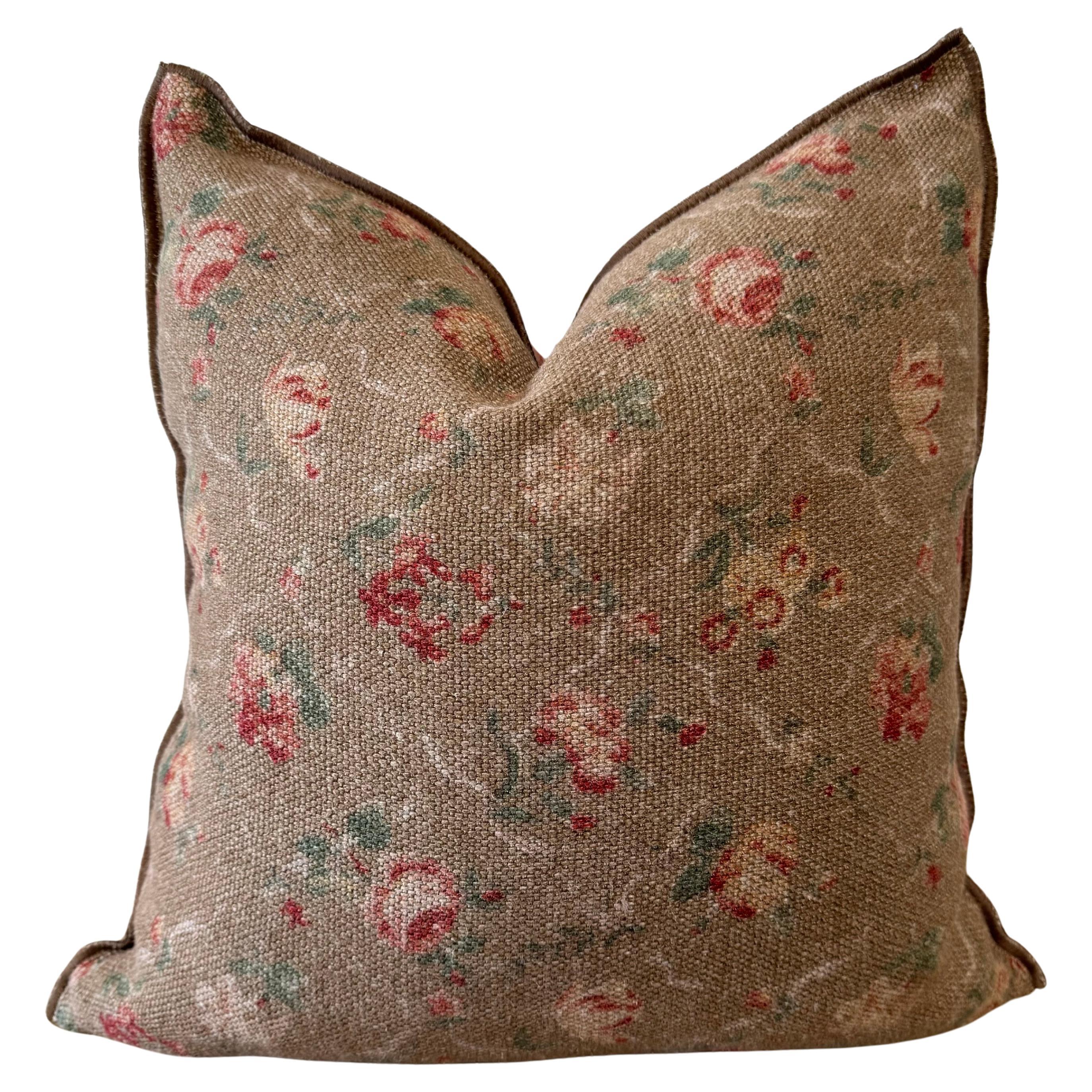 French Linen Floral Pillow in Brown Tones with Down Insert For Sale