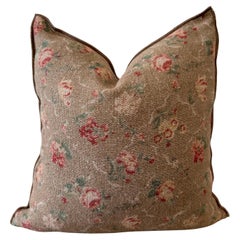 French Linen Floral Pillow in Brown Tones with Down Insert