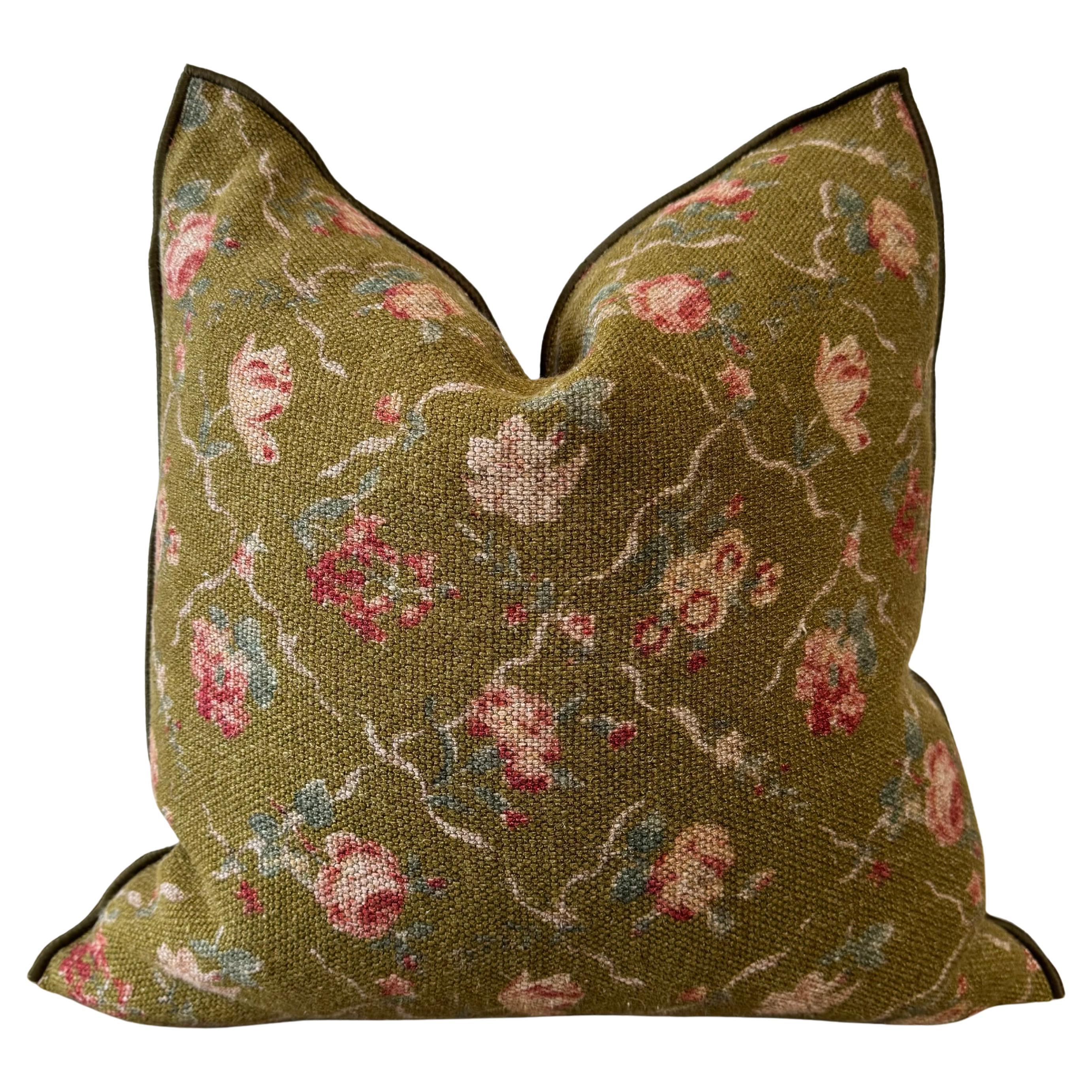 French Linen Floral Pillow with Down Insert Made In France For Sale