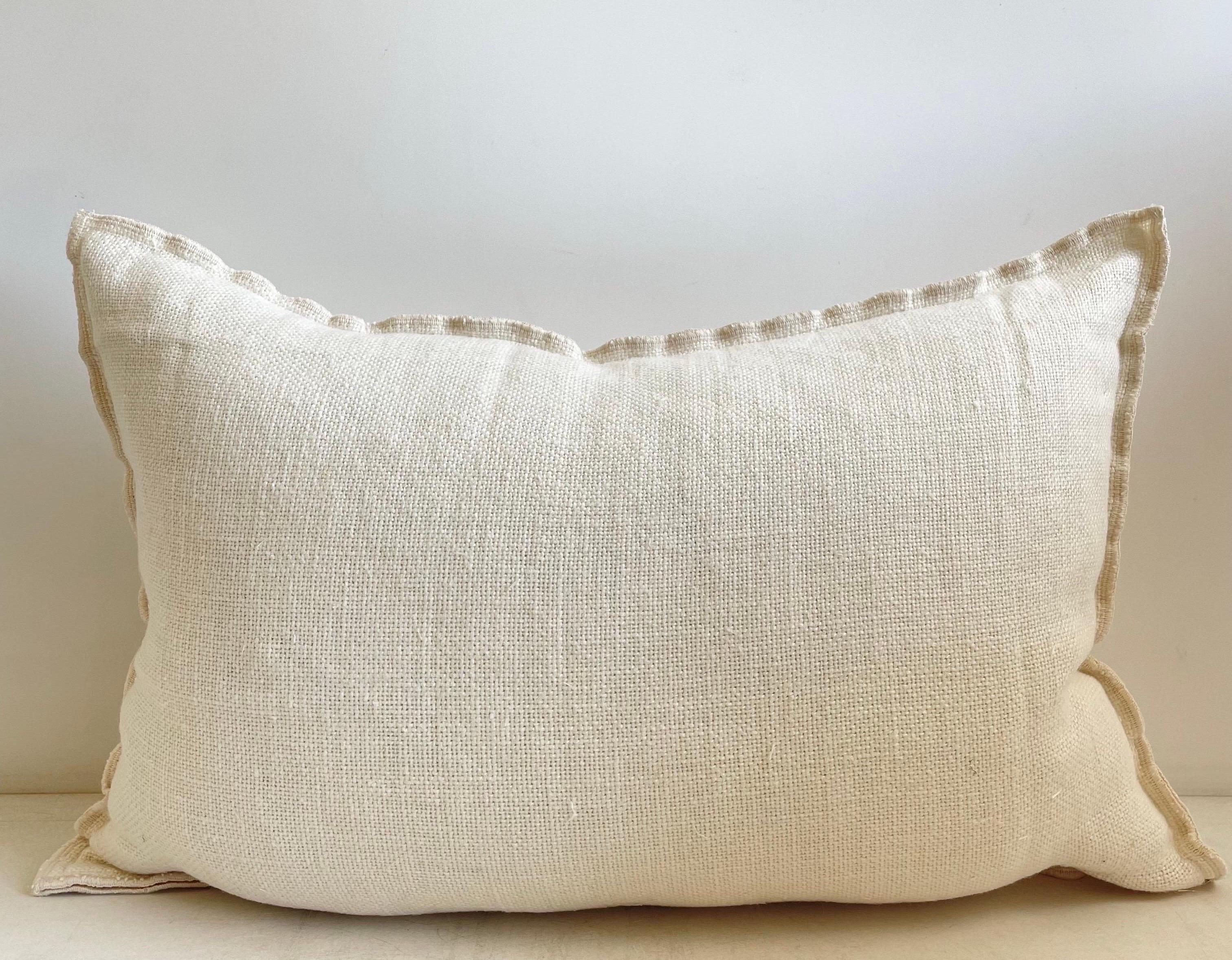 Decorative Accent Pillow in a thick nubby soft linen.
Size: 16” x 24” when stuffed with insert.
Color: Ecru (off-white)
Decorative Metal buttons at top, or can be used at the bottom, with a decorative stitched edging.
This does not come with insert.