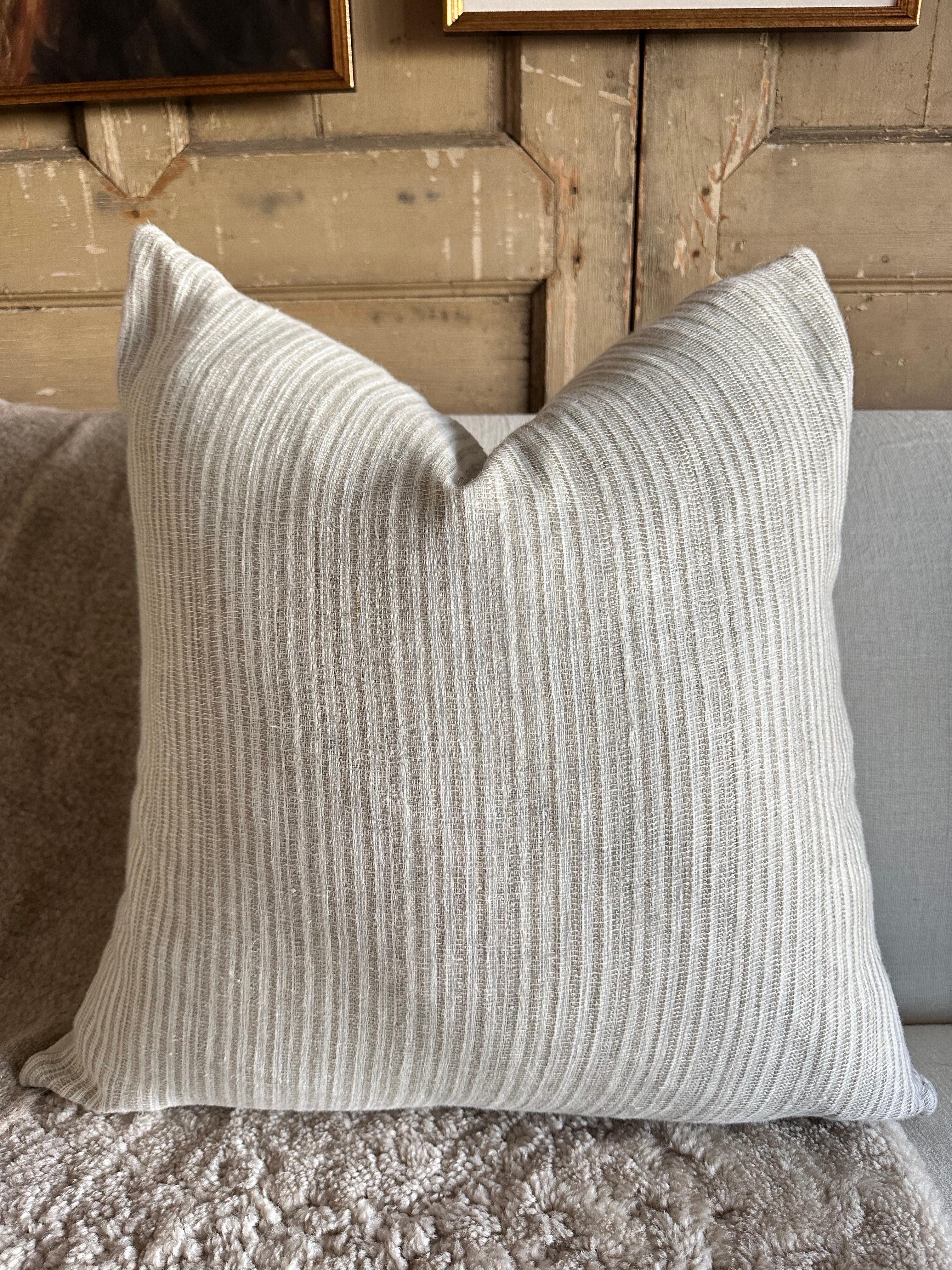 Alexa Stripe Linen Pillow
Custom made to order this beautiful creamy white and natural linen features a tonal stripe face329.
Backing in 100% belgian linen.
Antique brass zipper closure
Overlocked seams
Includes down / feather insert.
Care: can be