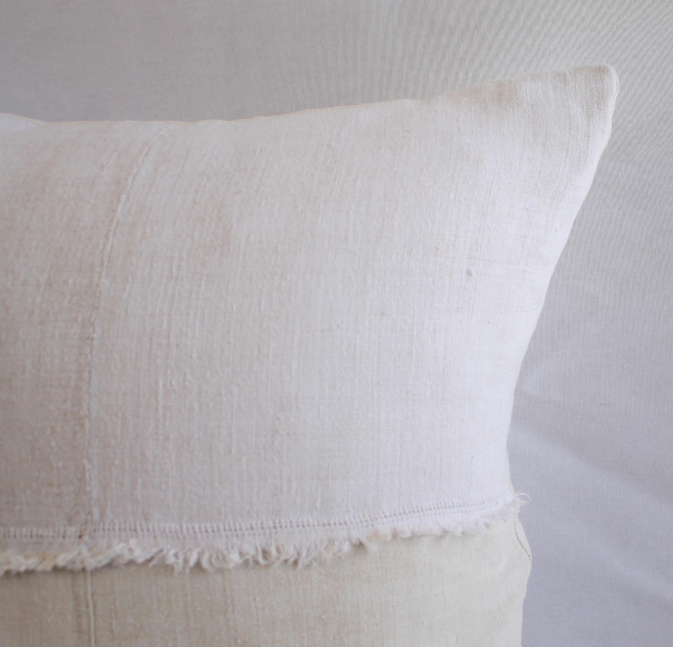 19th Century French Linen Pillow in Off White with Fray Details