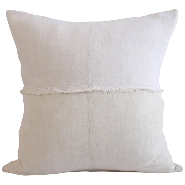 French Linen Pillow in Off White with Fray Details For Sale at 1stdibs