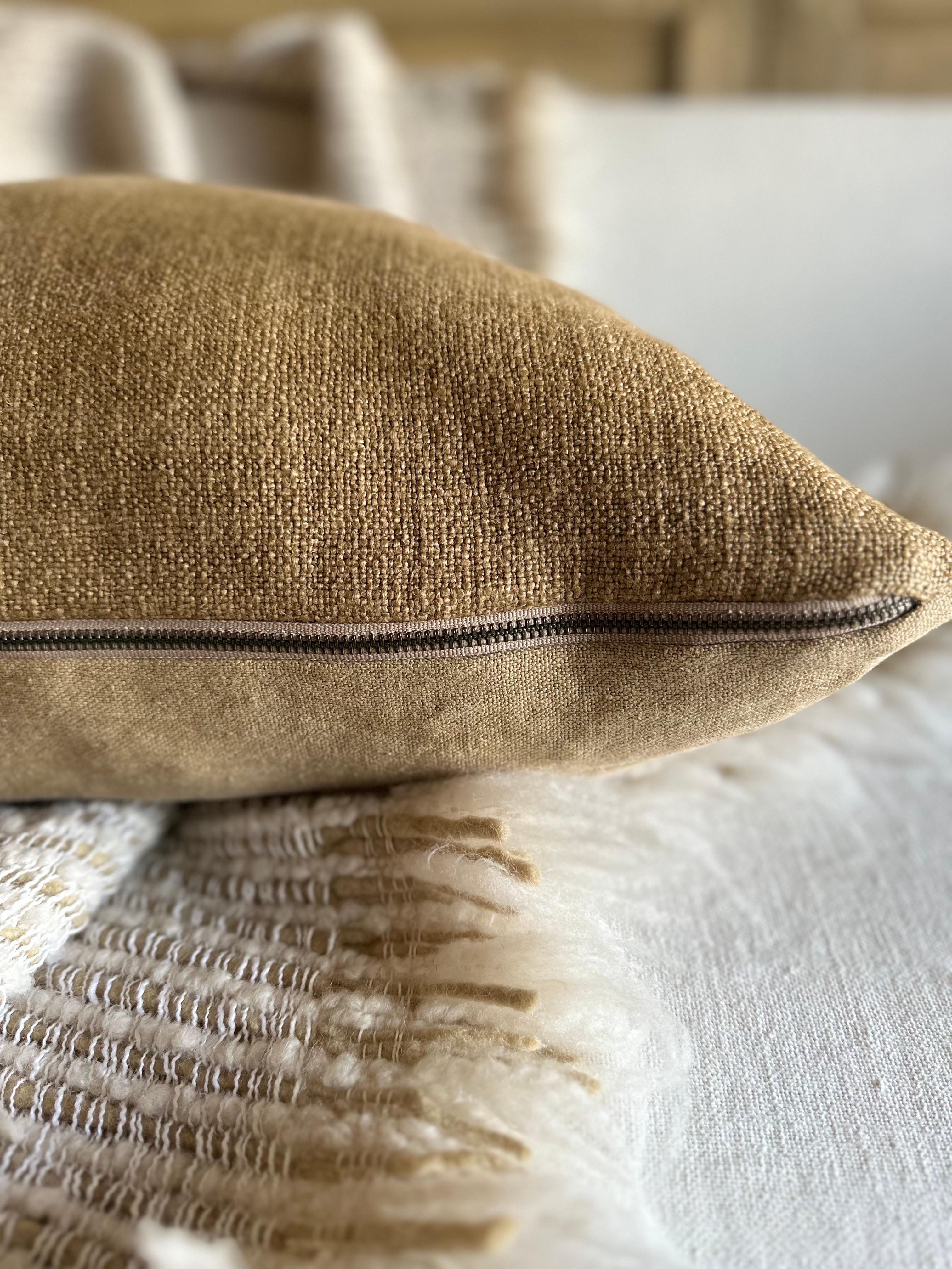 Contemporary French Linen Pillow with Down Feather Insert in Havane For Sale